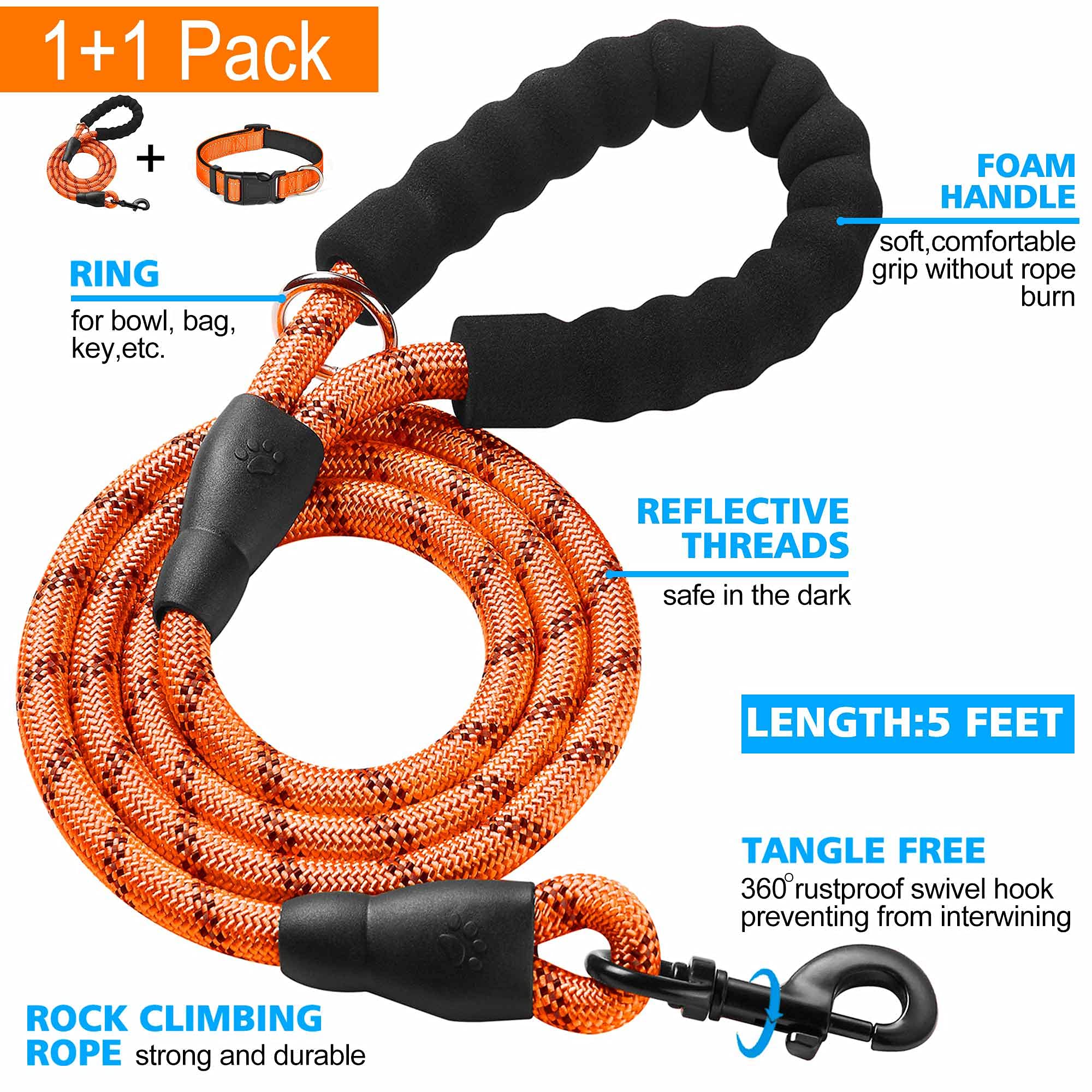 Reflective Padded Dog Collar with Soft Neoprene - Breathable Adjustable Nylon Collar for Small Medium Large Dogs (Orange Collar+Leash) - Perfect for Night Walks, Jogging & Outdoor Adventures