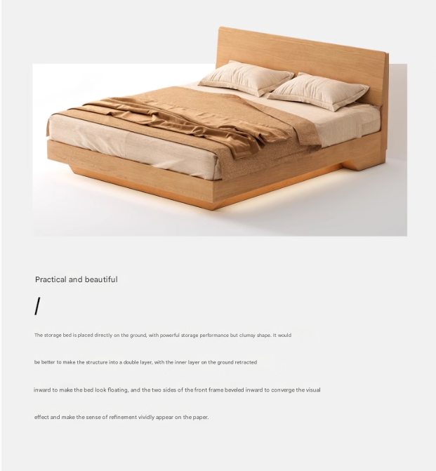 Solid Oak & Black Walnut Wood Floating Platform Bed with LED Lighting - Modern Bedroom Furniture for Contemporary Home Decor