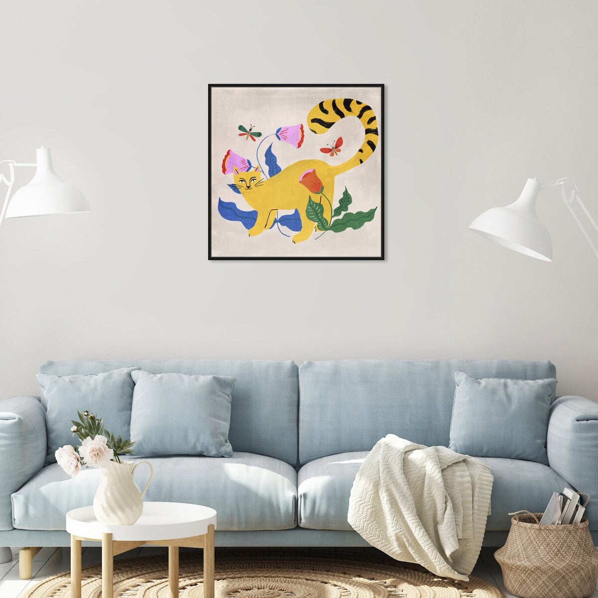 Blonde Tabby Floral Kitten Butterfly Garden Modern Yellow Framed Canvas Wall Art Print - Home Decor for Bedroom, Living Room & Nursery