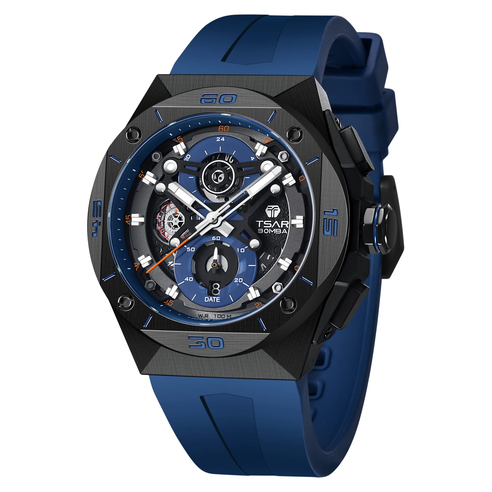 TSAR BOMBA Luxury Men's Watch - 50mm Octagonal Skeleton Dial, 100M Waterproof, Quartz Movement with Date & Chronograph - Premium Sport & Dress Watch for Business & Casual Wear - Ideal for Gifts, Office, Parties & Outdoor Activities