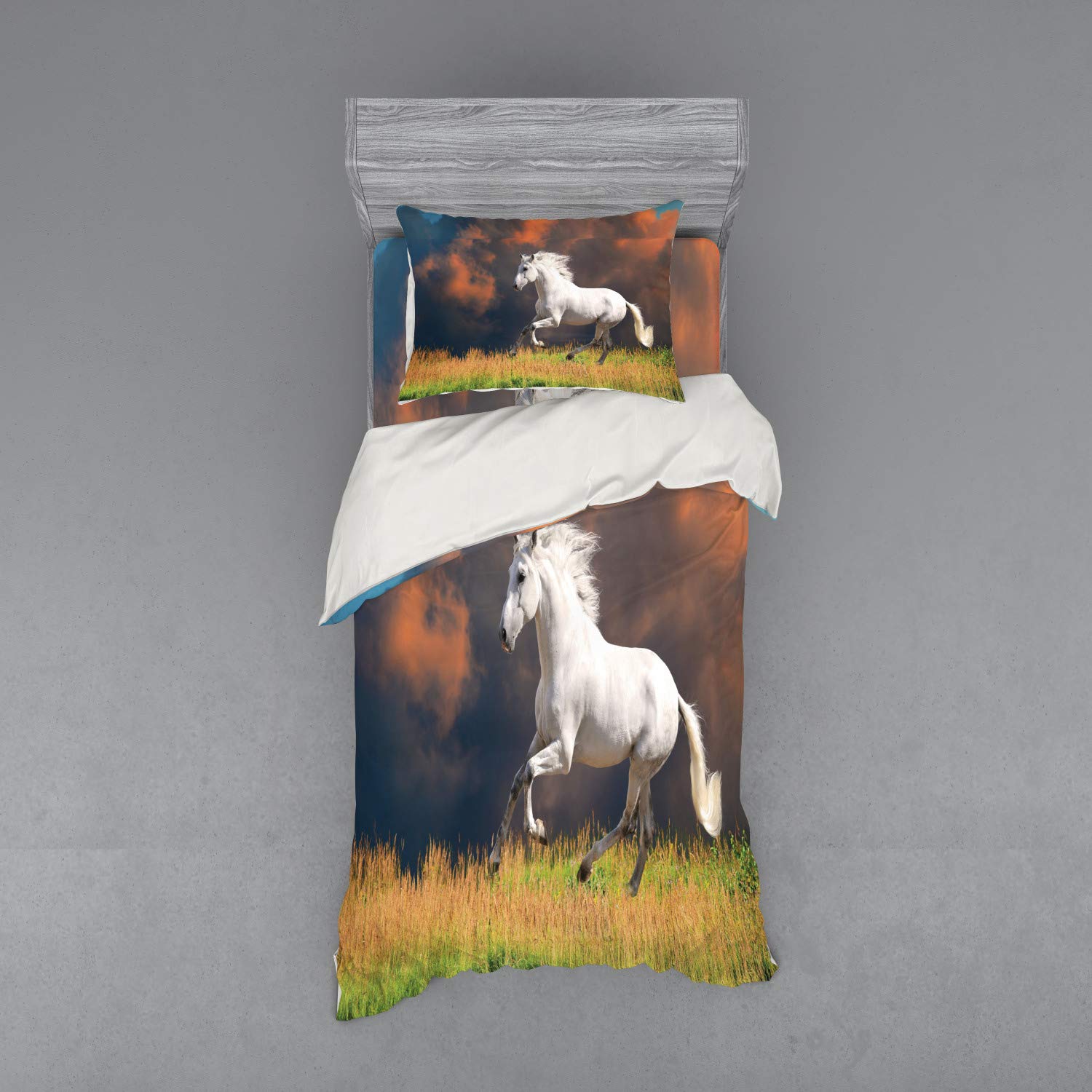 Ambesonne 3-Piece Twin Size Duvet Cover Set - Andalusian Horse with Majestic Dust Cloud Design, White Orange Green - Soft Bedding Set with Sham & Fitted Sheet for Kids, Teens & Adults Bedrooms - Perfect for Horse Lovers & Western Theme Decor