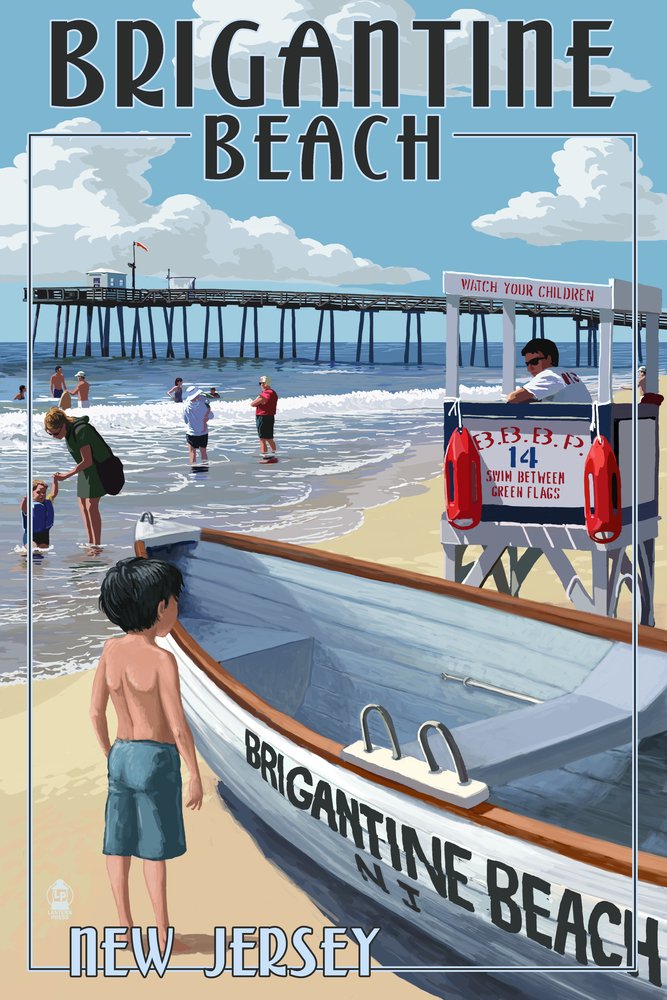 Brigantine Beach New Jersey Lifeguard Stand 46554 - 24x36 Signed Art Print, Coastal Wall Decor Poster for Beach House, Living Room & Office