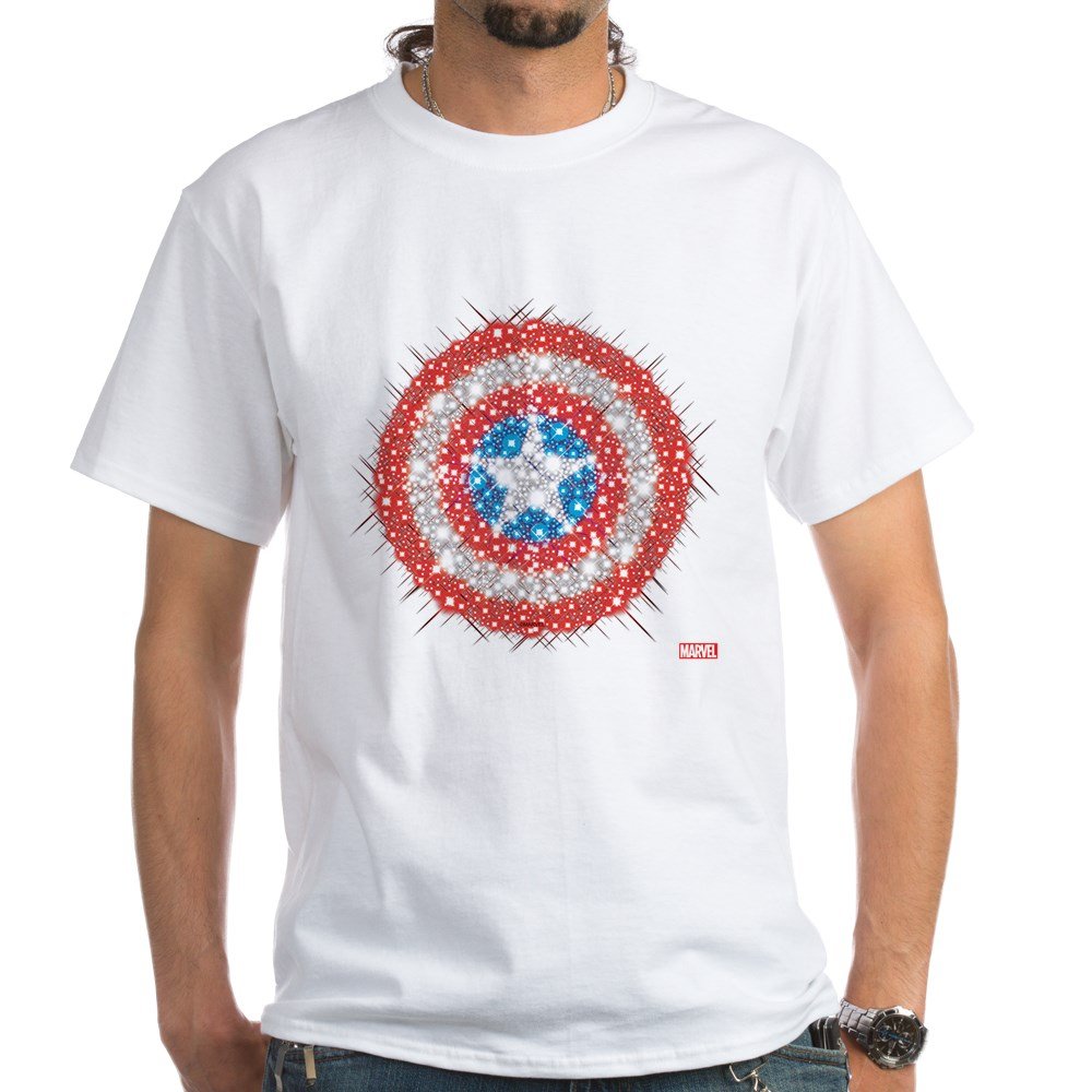 Captain America Shield Bling White Cotton T-Shirt - Marvel Superhero Graphic Tee for Men & Women | Casual Wear, Cosplay & Comic Con Outfits