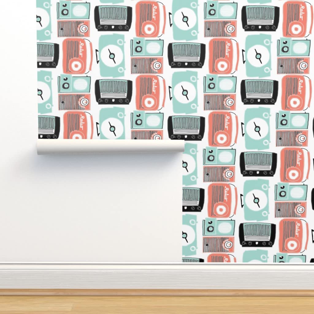 Removable Wallpaper 9ft x 2ft - Vintage Radio Music Lover Retro Design in Coral & Mint | Mid Century Industrial Style | Pre-Pasted Peel & Stick Wallpaper by Spoonflower | Perfect for Bedroom, Living Room & Office Decor