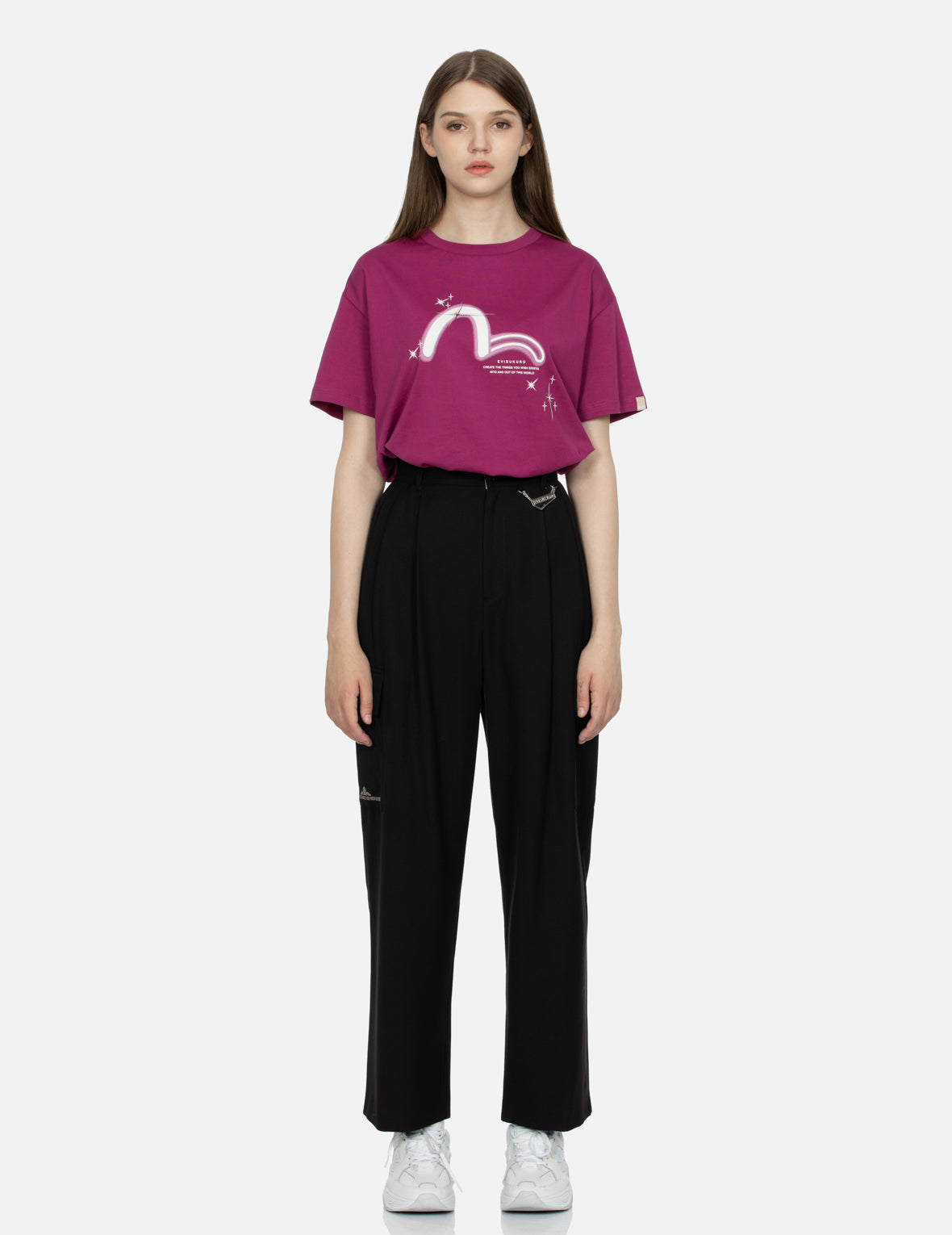Stylish Logo Embossed Metal Plate Wide Leg Pants for Women - Trendy High Waist Trousers with Unique Design - Perfect for Office, Casual Outfits & Streetwear Fashion