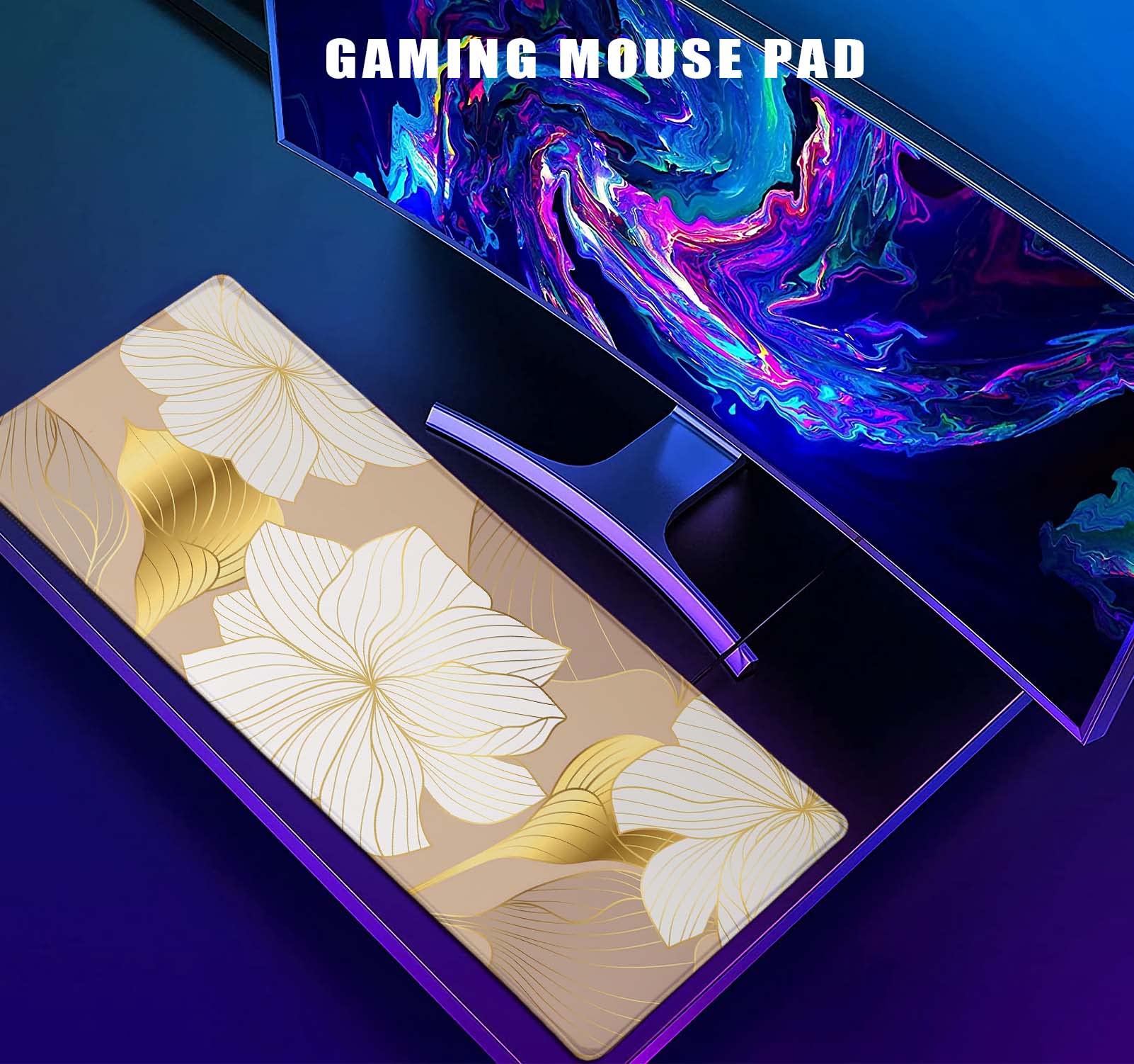 Premium Large Mouse Pad with Gold Floral Line Art - Luxury Lotus Design Desk Mat for Keyboard & Mouse - Perfect for Office, Gaming & Home Workspace Decor