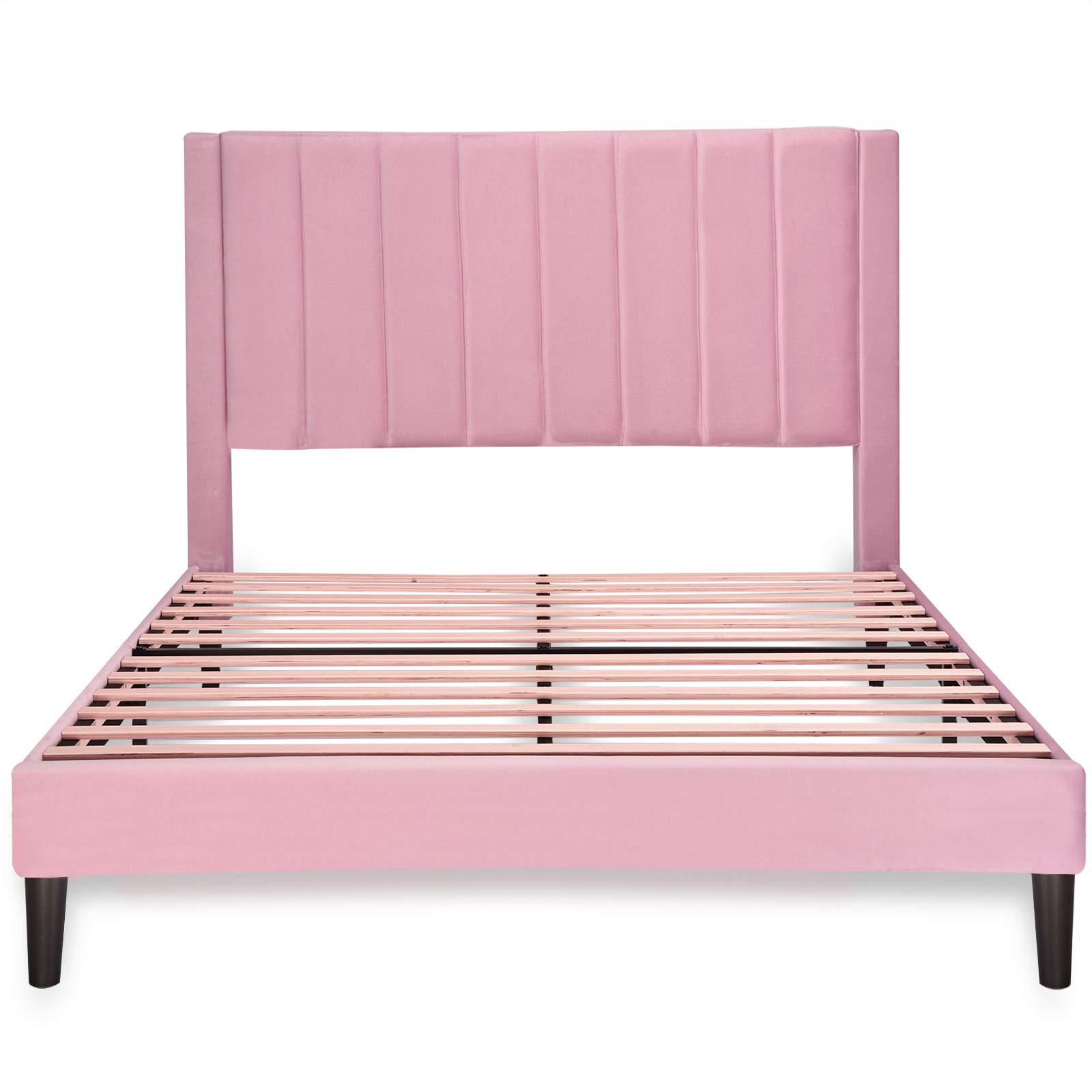 Allewie Full Size Velvet Upholstered Platform Bed Frame with Channel Tufted Headboard - Sturdy Wood Slat Support, No Box Spring Needed, Easy Assembly in Pink | Perfect for Modern Bedrooms, Guest Rooms & Small Spaces