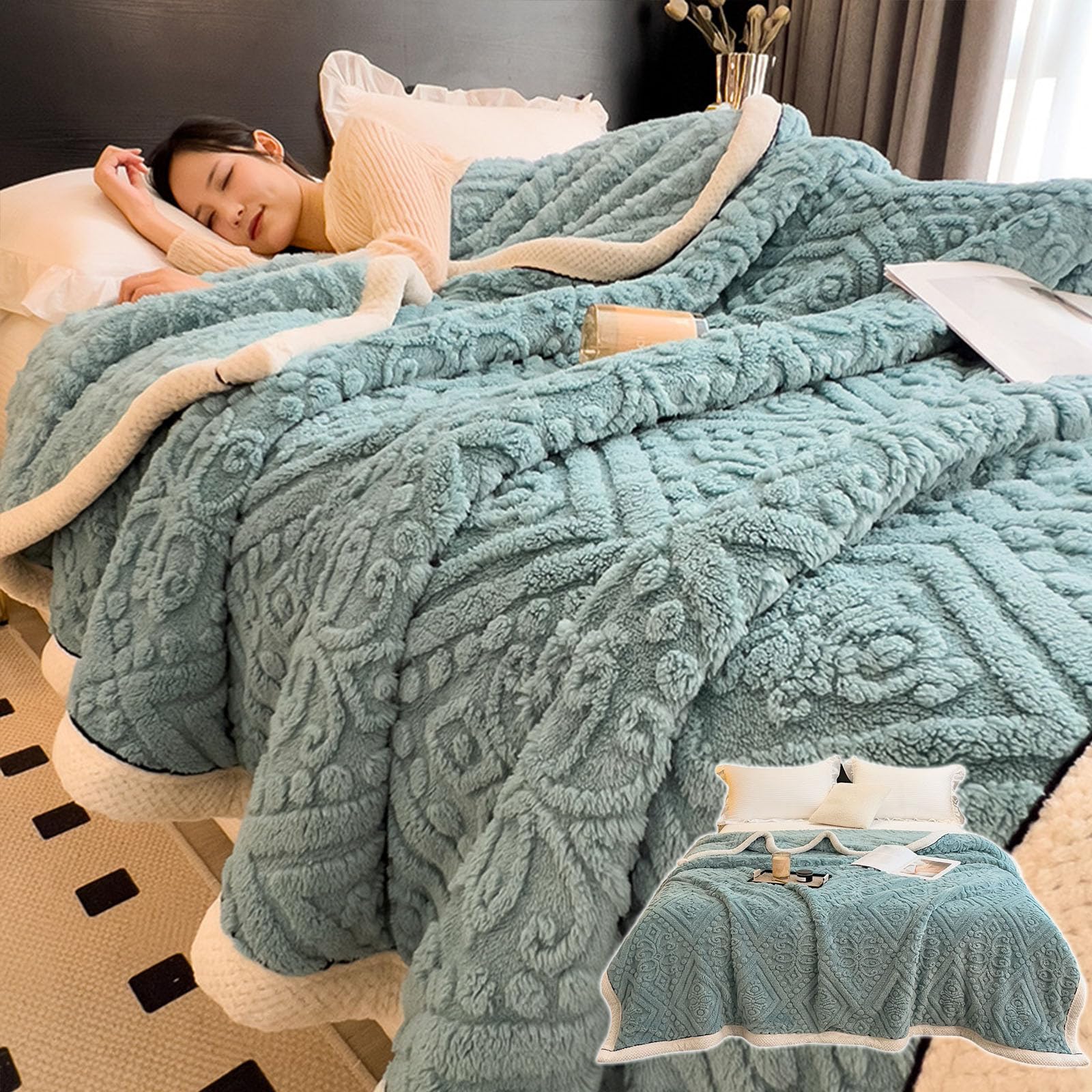 Premium Thickened Super Soft Winter Quilt - Milk Velvet Hibiscus Design, Breathable Warm Comforter for Cold Weather, Ultra Cozy Lamb Fleece Blanket (Blue, 200x230cm/79x90in) - Perfect for Bedroom, Guest Room, and Cozy Winter Nights