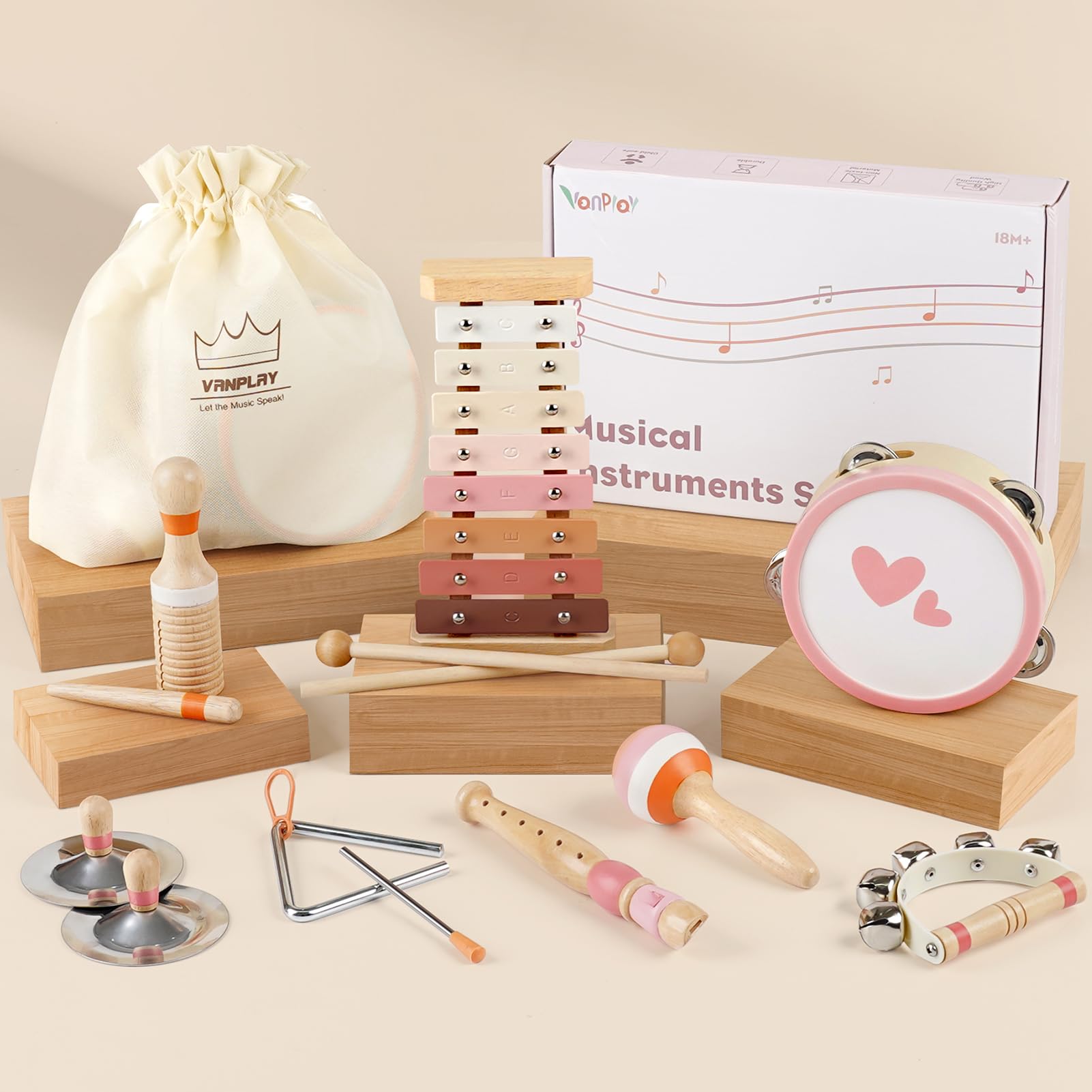 Vanplay 8-in-1 Wooden Musical Toys Set for Toddlers 1-3 Years Old - Xylophone, Drum & Montessori Learning Toys - Perfect Birthday & Easter Gift for Baby Girls 1-2 - Educational Musical Instruments for Early Childhood Development - Great for Playtime, Learning & Sensory Exploration