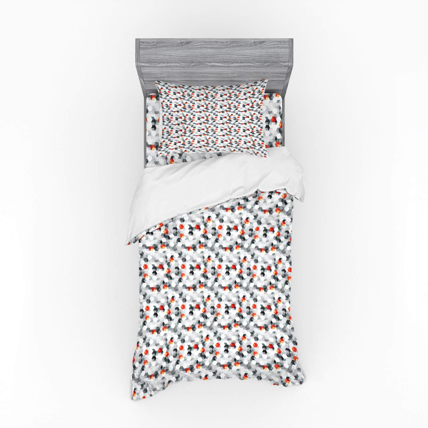 Ambesonne Geometric Bedding Set - Hexagon & Cubes Pattern Polygonal Duvet Cover with Grunge Effect, 3-Piece Set Includes Sham & Fitted Sheet, Twin XL Size, Multicolor - Perfect for Modern Bedrooms, Dorm Rooms & Contemporary Home Decor