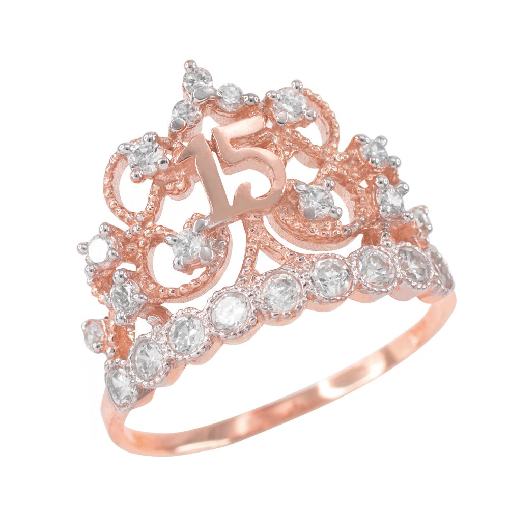 10K Rose Gold CZ-Studded Crown Sweet 15 Quinceanera Ring - Elegant Birthday Gift for Teen Girls, Perfect for Sweet 16, Quinceañera Celebrations & Special Occasions
