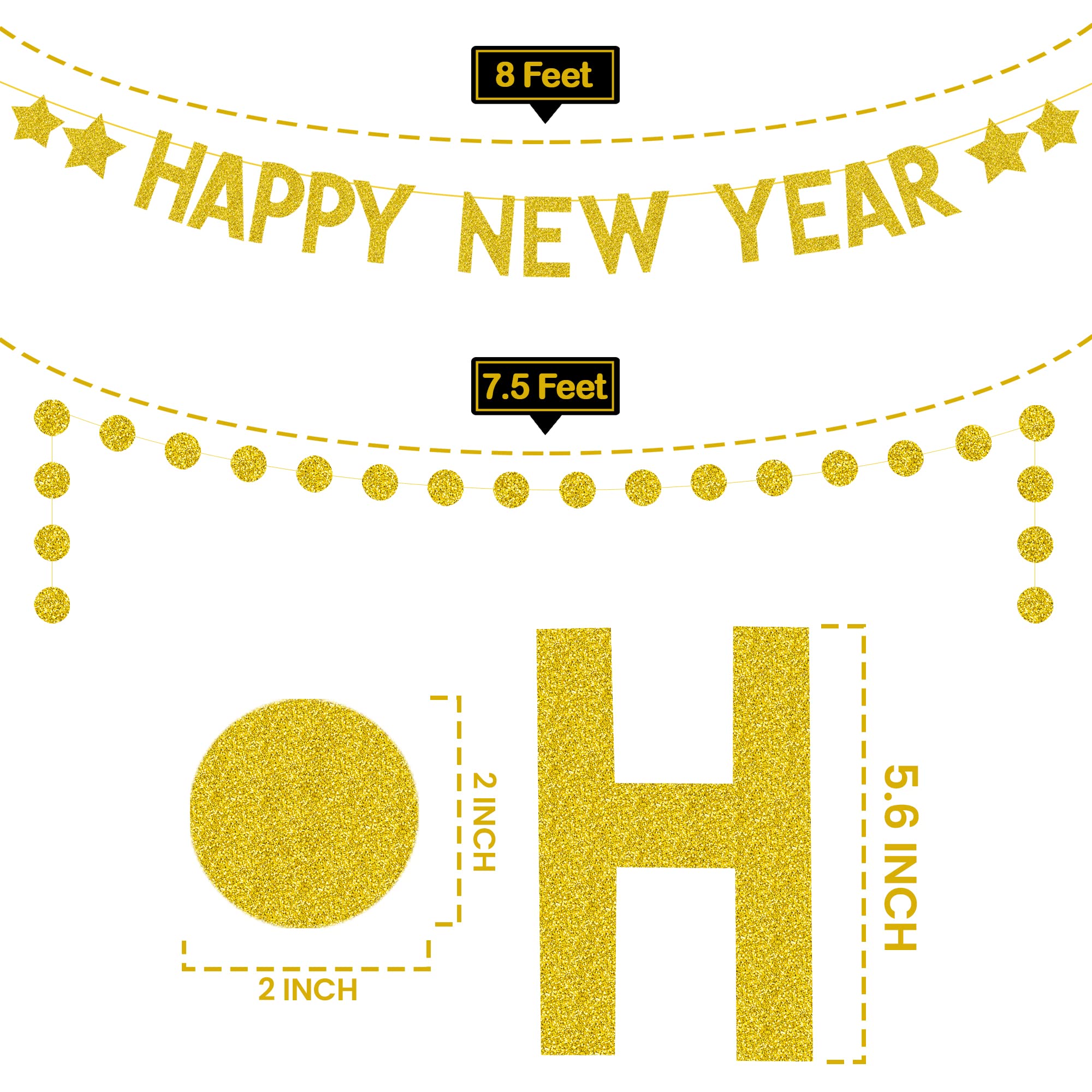 KatchOn Glitter Happy New Year Banner - 10ft Pre-Strung Gold Party Sign for 2025 New Year's Eve Decorations | Ready-to-Hang Celebration Backdrop for Home, Office & Holiday Parties