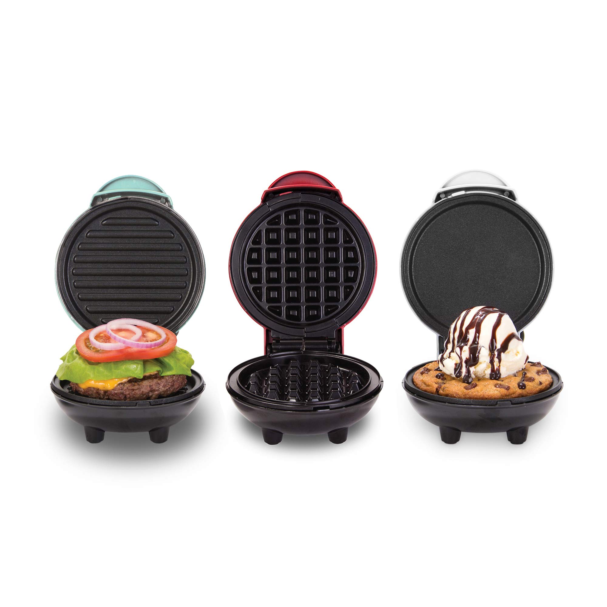 DASH Mini Waffle Maker 3-in-1 with Grill & Griddle - Compact Breakfast Appliance for Waffles, Paninis & More - Perfect for Small Kitchens, Dorms & RV Travel (Red/Aqua/White)