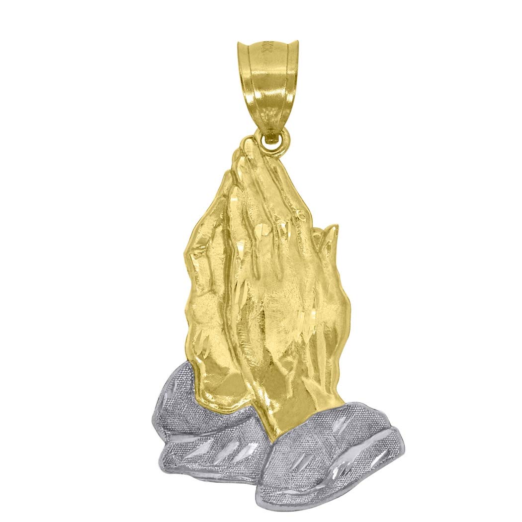 10K Gold Two-Tone Textured Praying Hands Pendant Necklace - Religious Unisex Jewelry Gift for Women & Men - 39.3mm x 13.1mm - Perfect for Church, Weddings & Spiritual Occasions