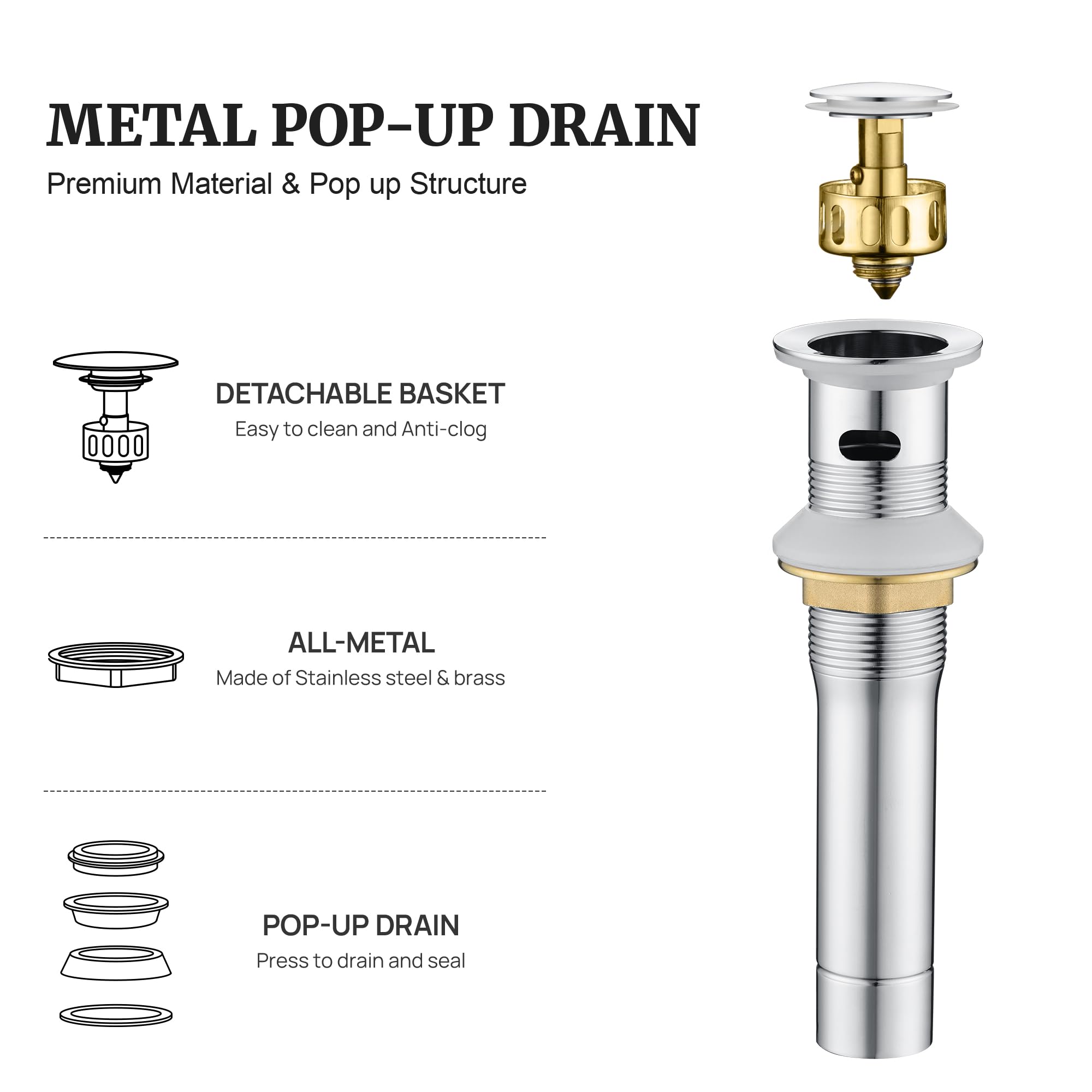 Chrome Pop-Up Sink Drain Stopper with Overflow & Detachable Basket - Small Metal Drain Strainer for Bathroom Vessel Sinks & Vanity Basins - Perfect for Modern Home Decor & Bathroom Renovations
