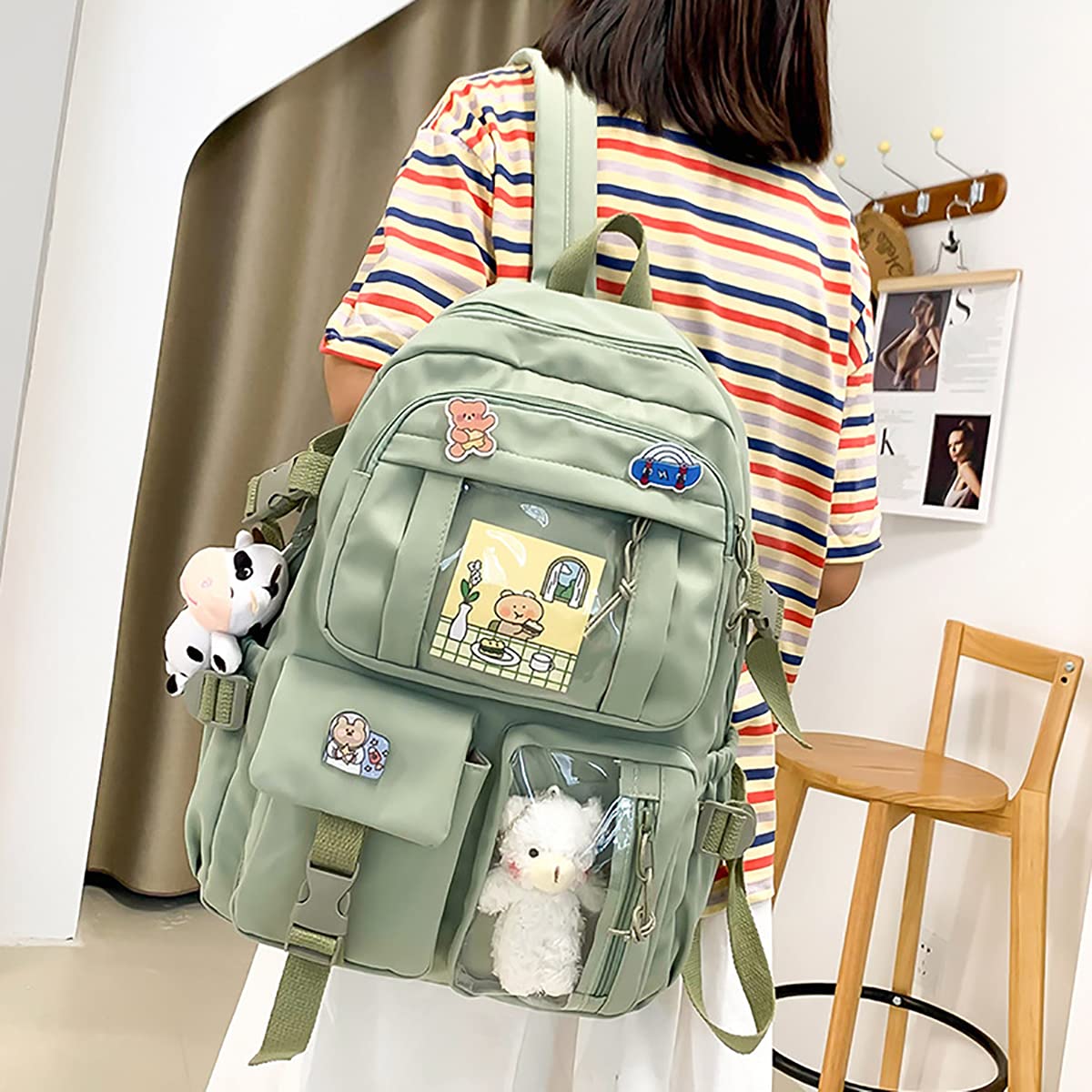 Cute Kawaii Aesthetic Backpack with Badge Pins & Keychain Pendant - Lightweight Travel Backpack for School, College, Work & Daily Commute