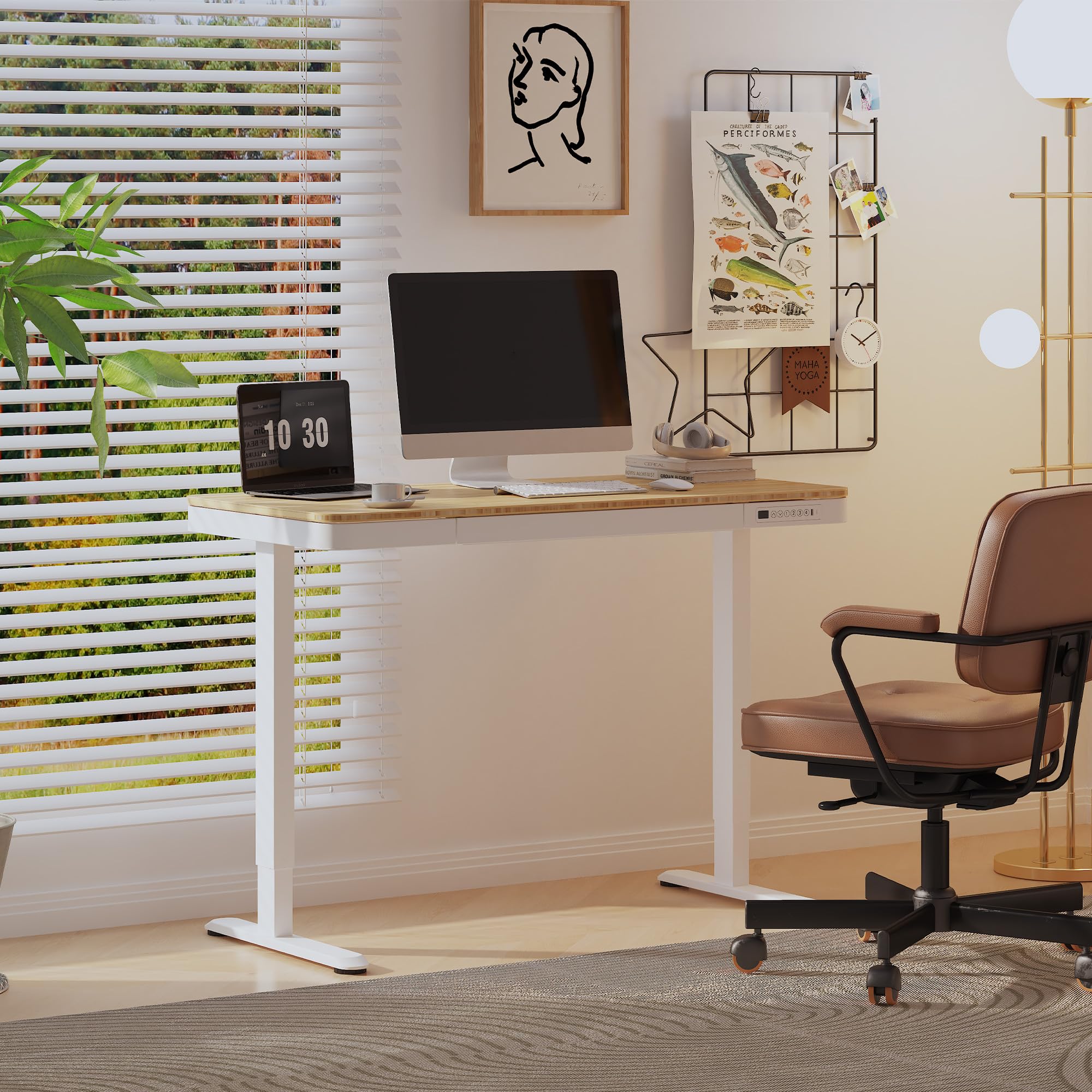 FLEXISPOT Comhar Electric Adjustable Standing Desk with Drawer & USB Charging Ports - Bamboo Texture/White Frame for Home Office & Workspace - Ergonomic Sit Stand Desk for Work, Study & Gaming