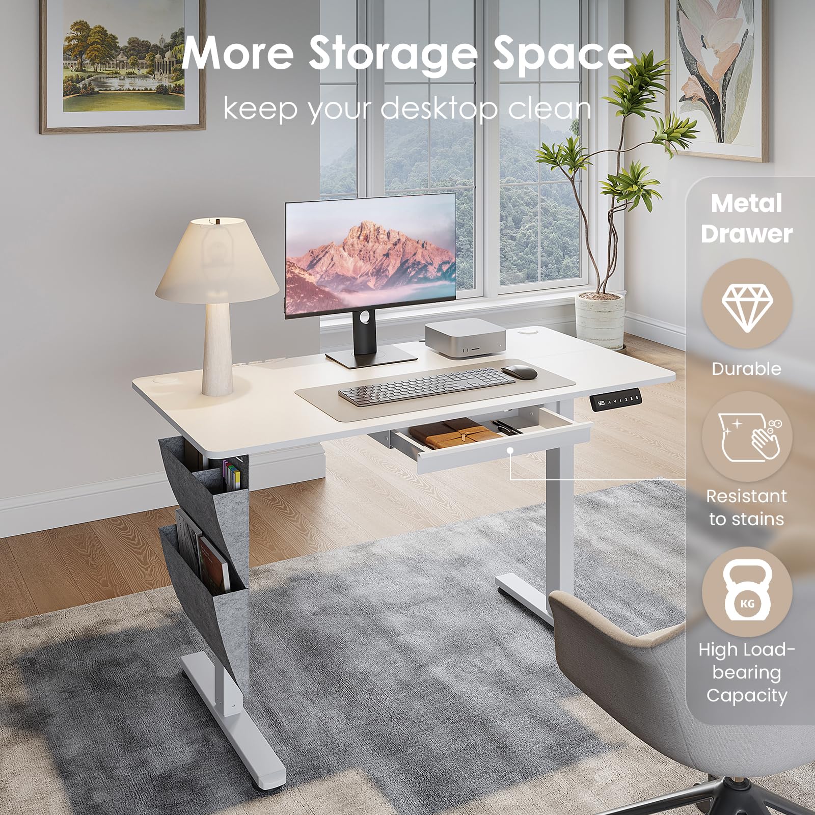 48x24 Inch Electric Standing Desk with Drawers - Adjustable Height Sit Stand Desk with Side Storage for Home & Office (White) | Ergonomic Workspace Solution for Productivity & Comfort
