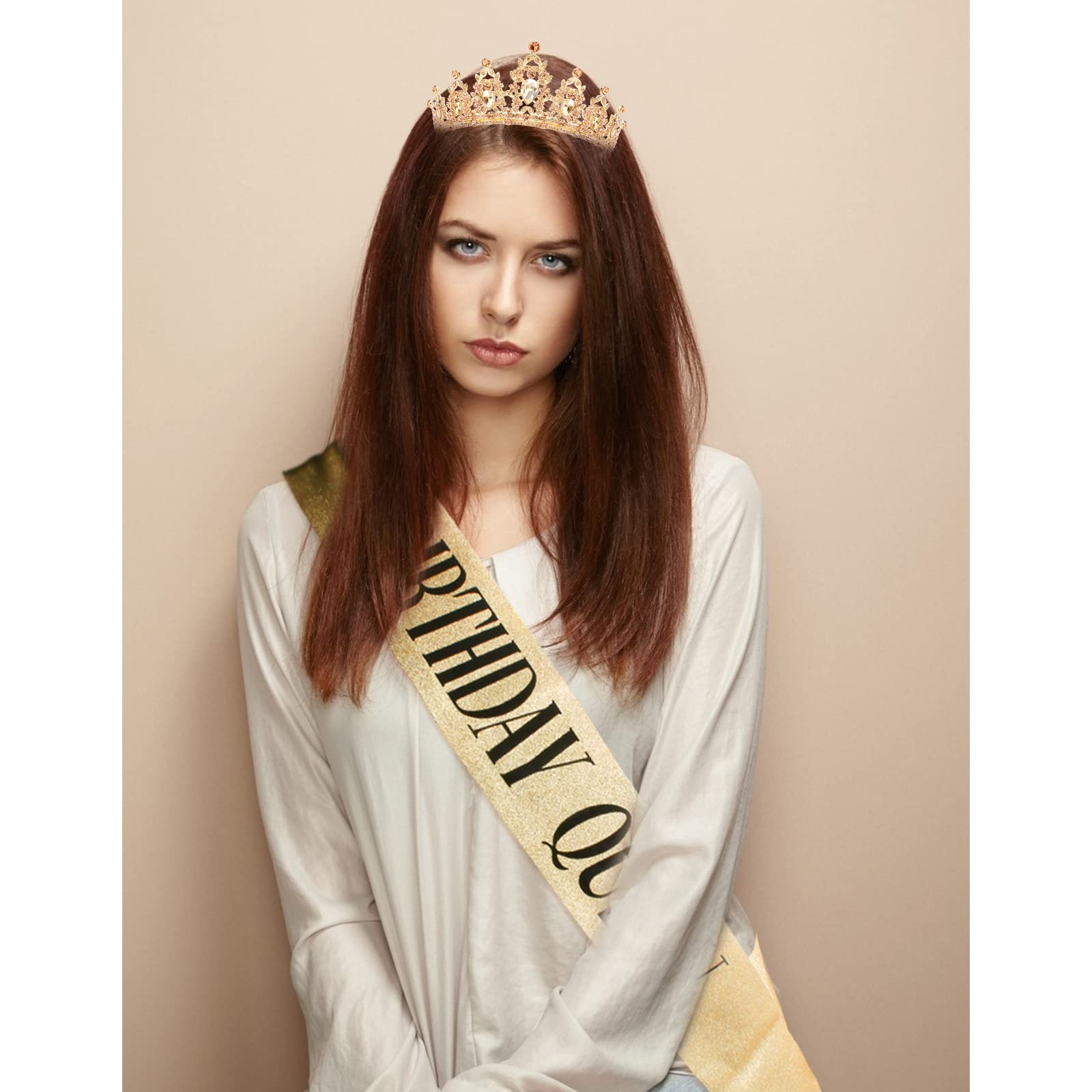 Gold Birthday Crown and Sash Set for Women - Rhinestone Tiara & Queen Sash - Elegant Birthday Party Decorations - Perfect for Birthday Celebrations, Bachelorette Parties & Special Events