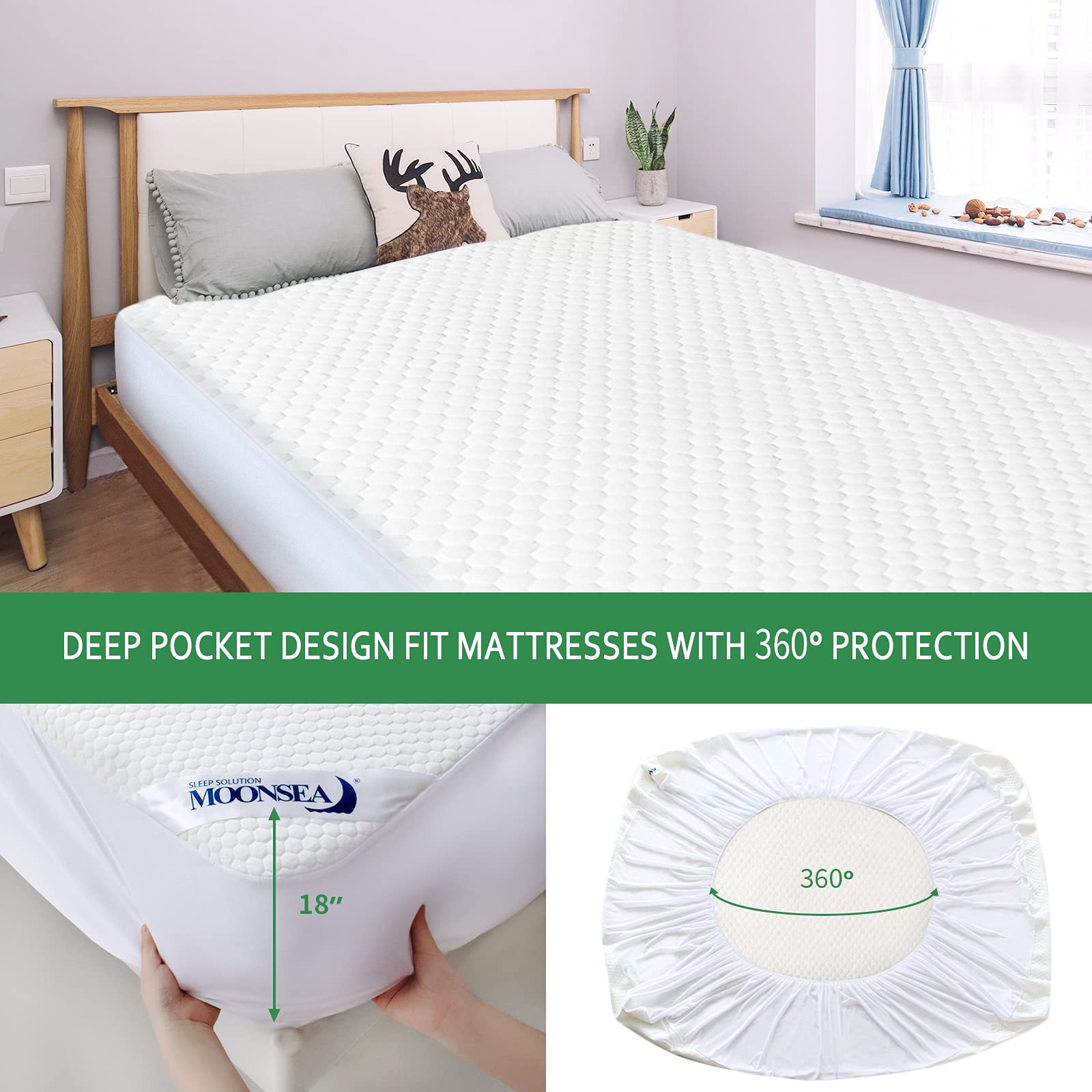 Waterproof Cooling Queen Mattress Protector - Bamboo Viscose 3D Breathable Fabric, Fitted 8-18 Inch Deep Pocket, Washable & Noiseless (White) - Perfect for Hot Sleepers & Allergy Relief