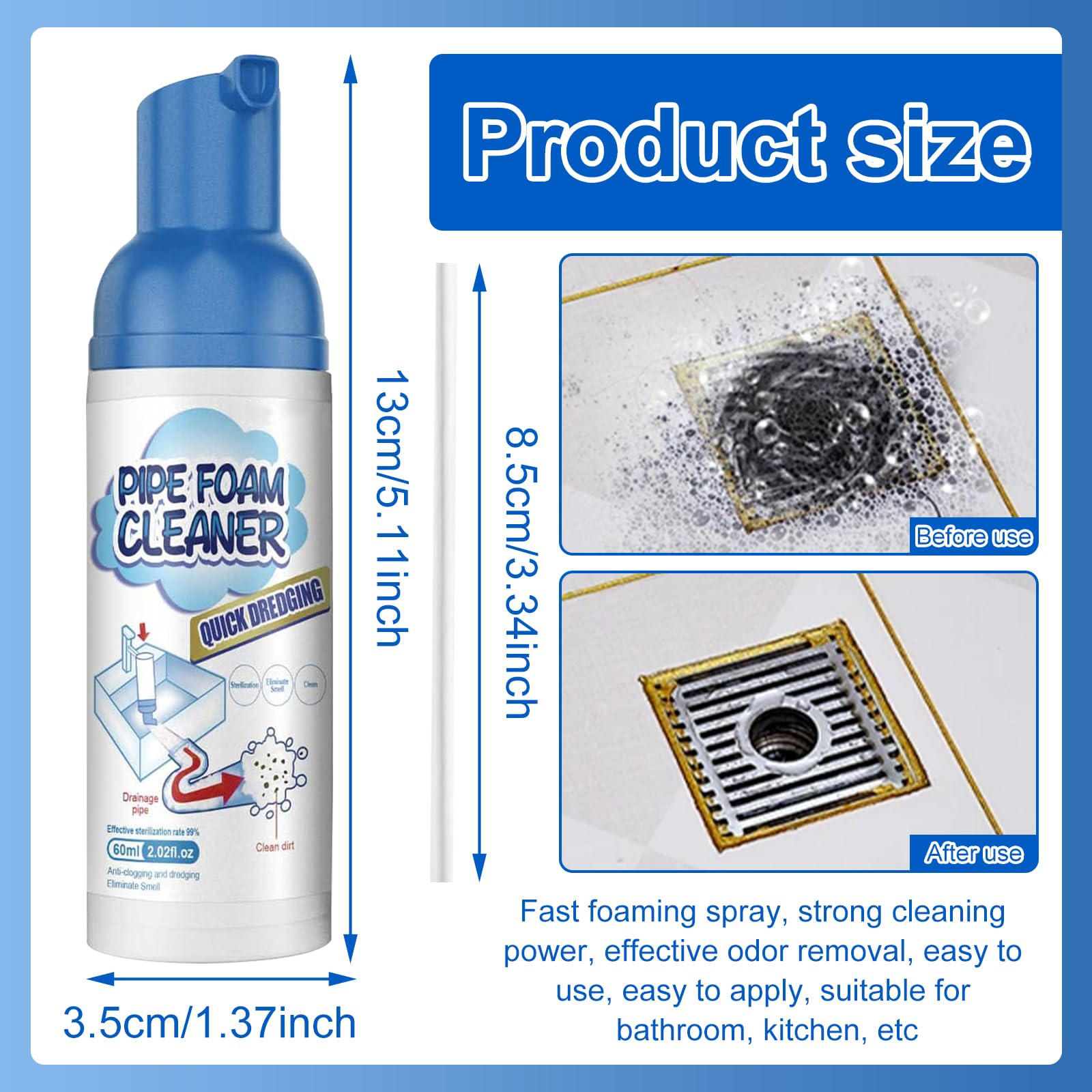 GAROMIA Pipe Foam Cleaner 60ml - Powerful Drain Cleaner for Kitchen Sink, Bathroom, Toilet & Bathtub - Fast Clog Remover & Odor Eliminator - Safe for Pipes - Ideal for Home & Commercial Use