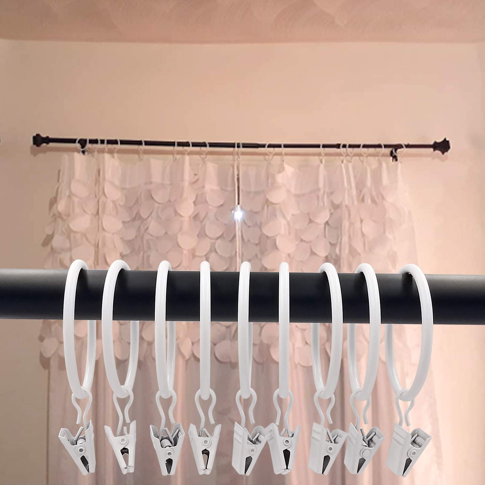 20 Pack White Curtain Rings with Clips - 1.77 Inch Inner Diameter Drapery Hooks for Hanging Drapes, Bows & Hats - Fits up to 1.5 Inch Curtain Rods - Perfect for Living Room, Bedroom & Window Decor