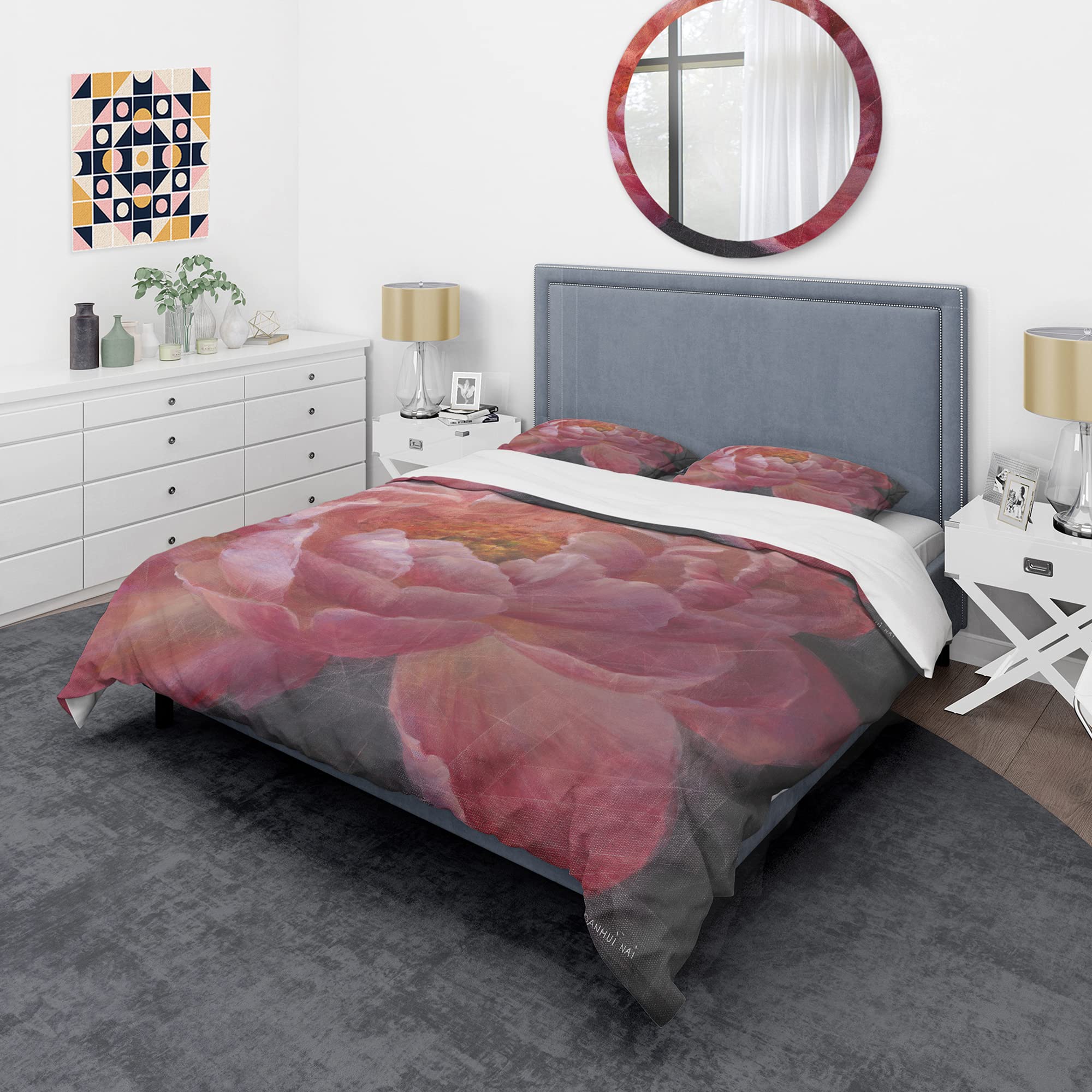 Vivid Pink Peonies Duvet Cover Set King - Floral Bedding for Shabby Chic Bedroom