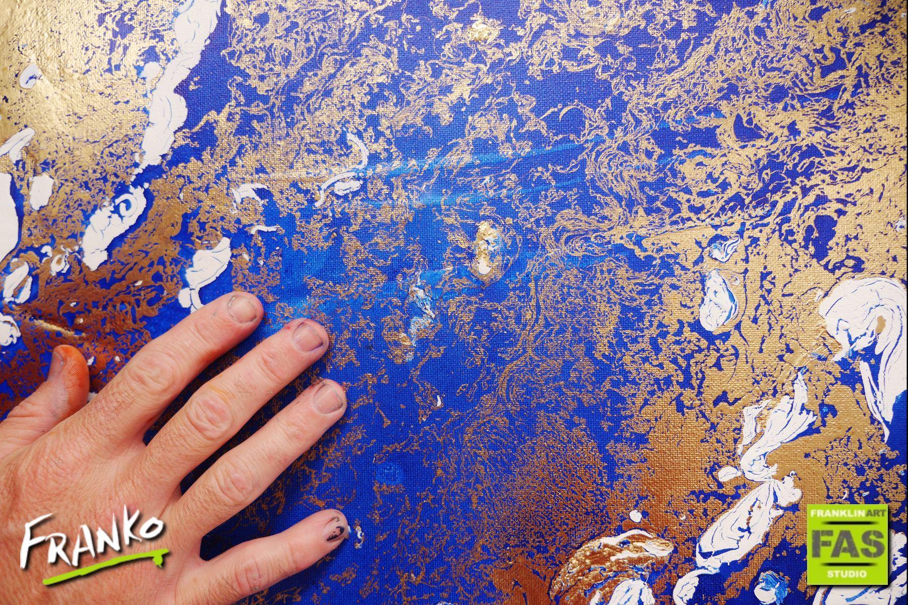 Fluid Gold 120x120cm Blue Metallic Gold Abstract Canvas Art - Modern Wall Decor for Living Room, Bedroom & Office