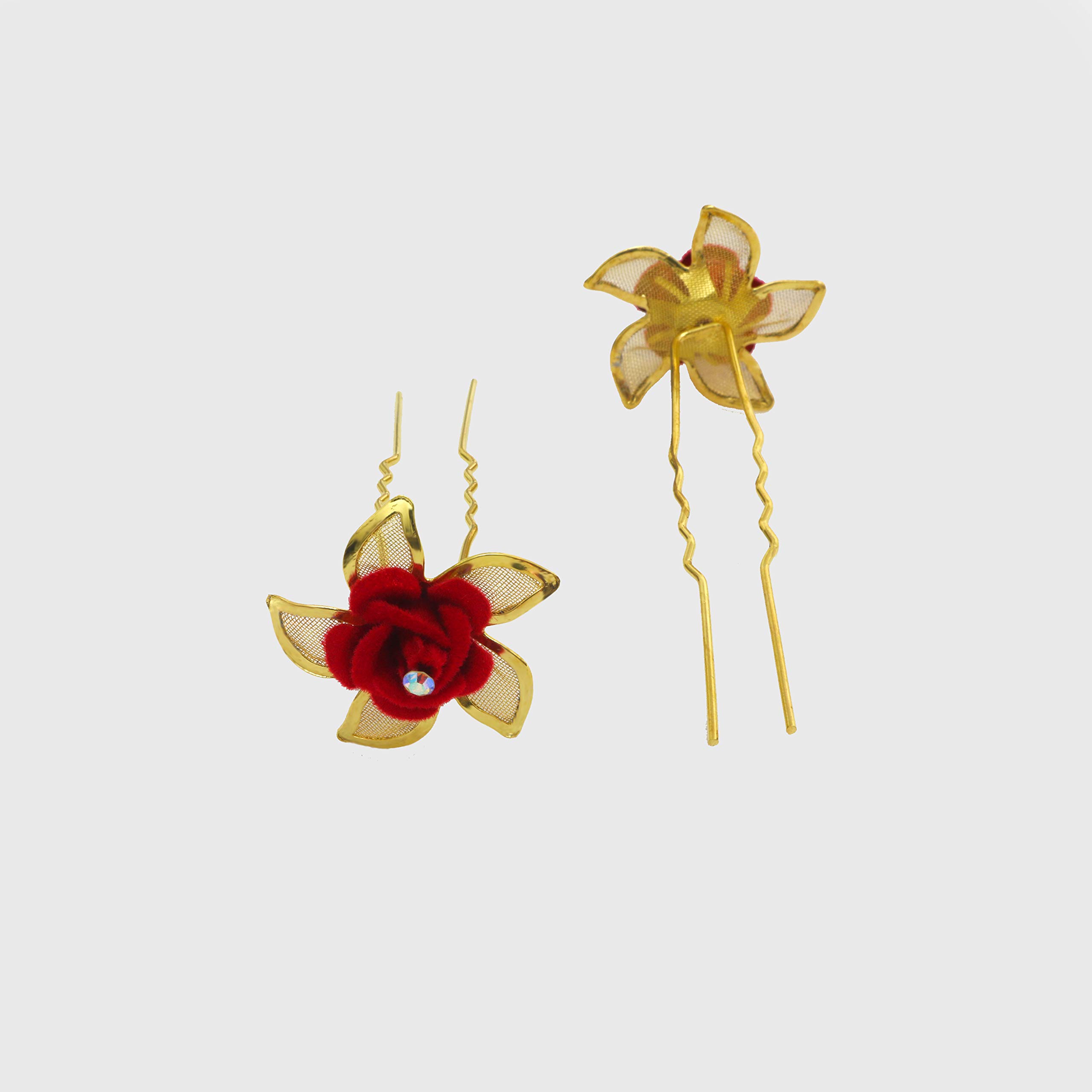 Paradise® Hair Pins for Women - Elegant Bridal Hair Accessories for Women & Girls - Large Juda Pins in Red & Gold - Perfect for Weddings, Prom & Special Occasions