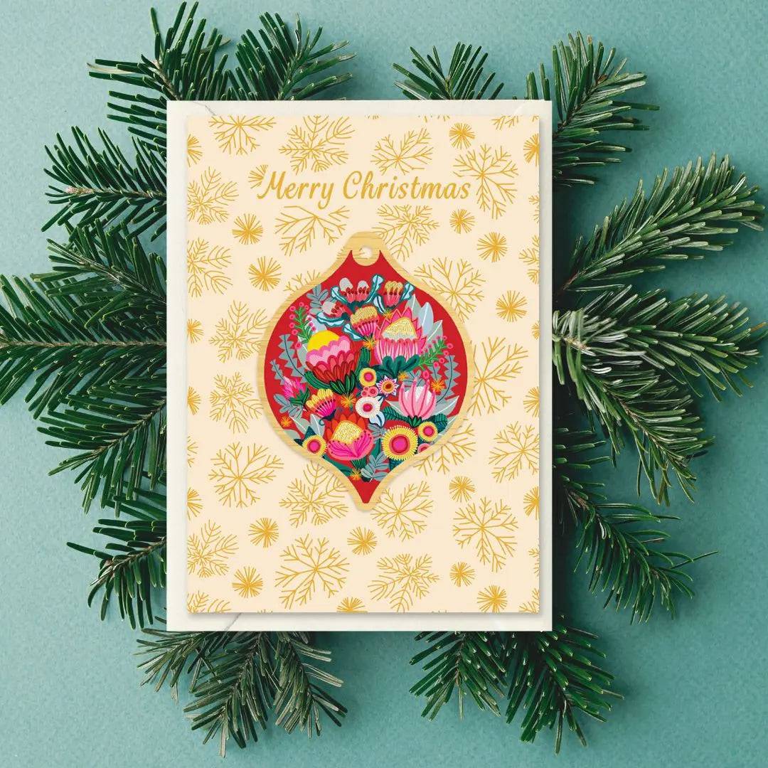 Flowers of Oz Australian Christmas Card & Bauble - Festive Holiday Greeting Card with Ornament for Xmas Tree Decorations & Gift Giving
