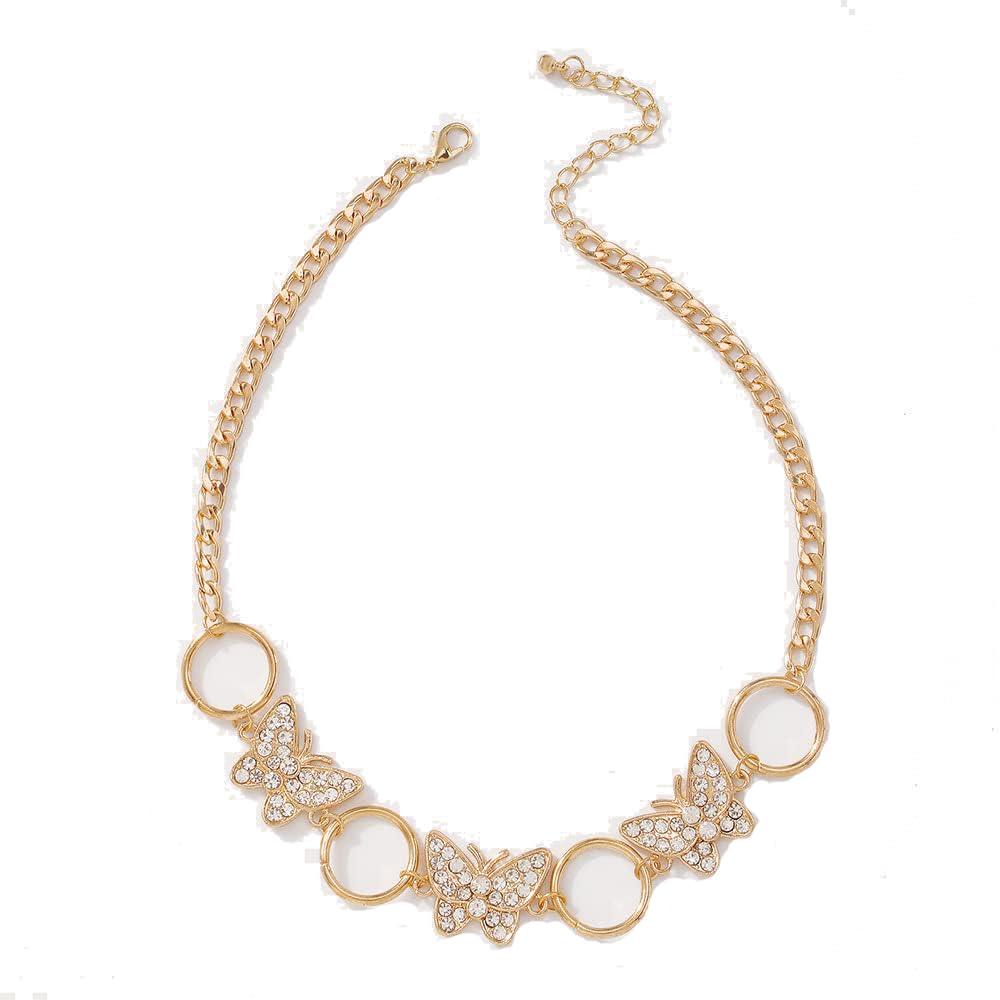 Sparkly Butterfly Crystal Choker Necklace - Gold Iced Collar Chain Circle Link Fashion Jewelry for Women | Perfect for Parties, Weddings & Date Nights