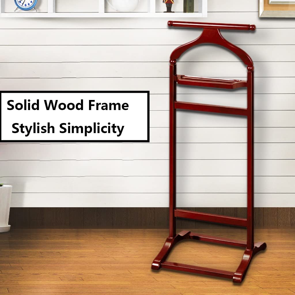 Premium Wooden Valet Stand - Mahogany Finish Suit Valet Rack with Top Tray, Contour Hanger & Trouser Bar for Ties & Belts - 43x40x115cm Wine Red - Perfect for Bedroom & Living Room Organization
