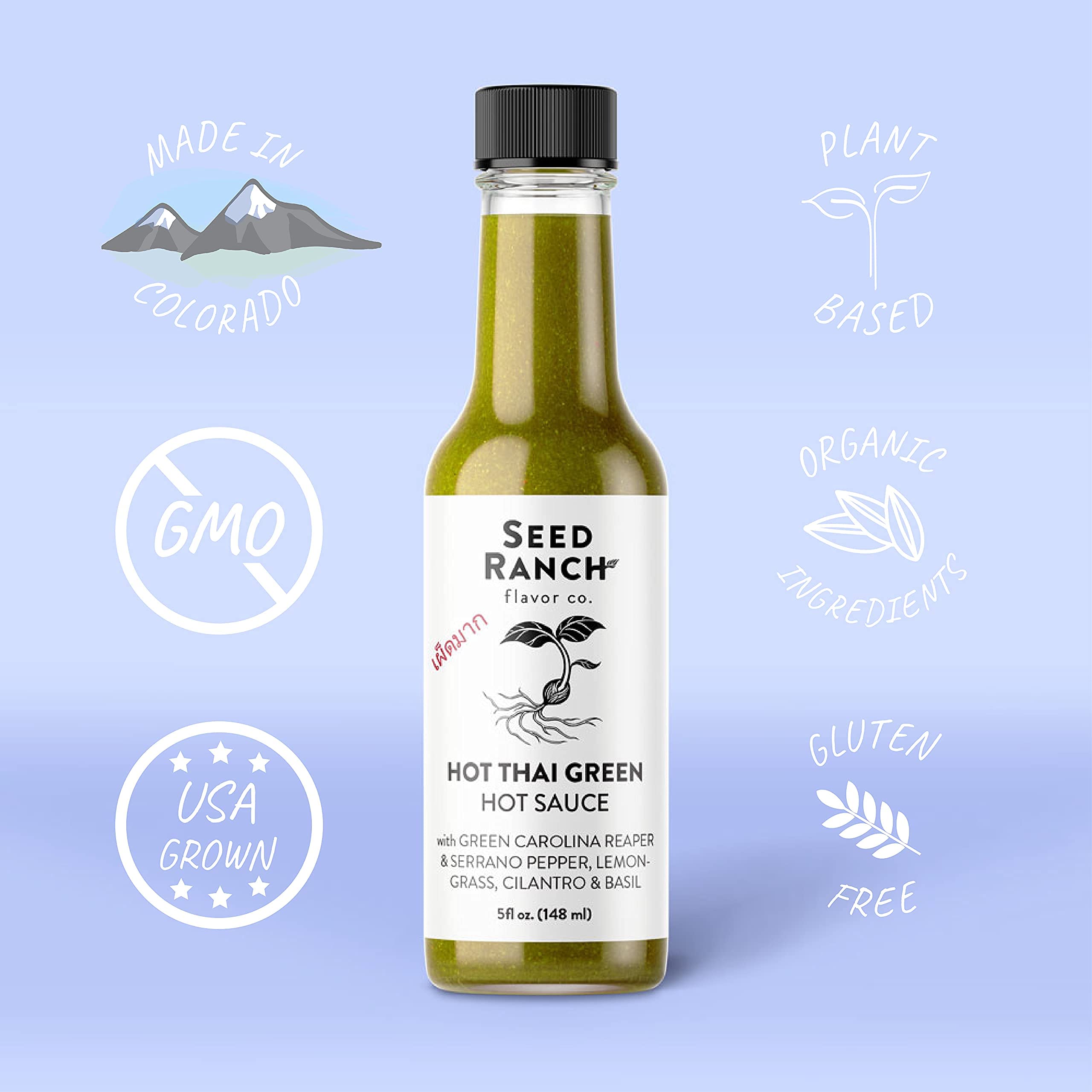 Seed Ranch Hot Thai Sauce 3-Pack - Spicy Green Carolina Reaper Pepper Sauce - Organic, Vegan, Non-GMO, Gluten-Free Gourmet Hot Sauce - Featured on Hot Ones Show - Perfect for Rice Bowls, Noodles, Breakfast & Protein Dishes