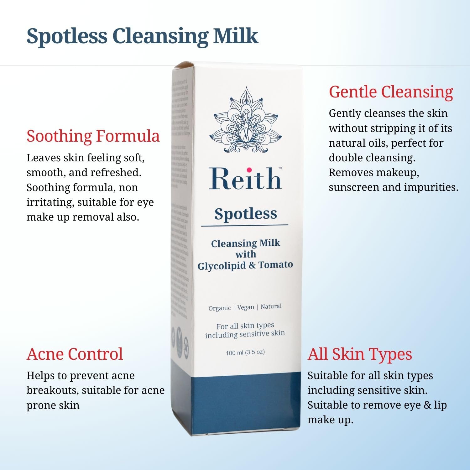 Reith Spotless Cleansing Milk - Gentle Winter Face Wash & Makeup Remover for Face & Eyes with Tomato & Vitamin E (100ml) | Perfect for Dry Skin & Nighttime Skincare Routine