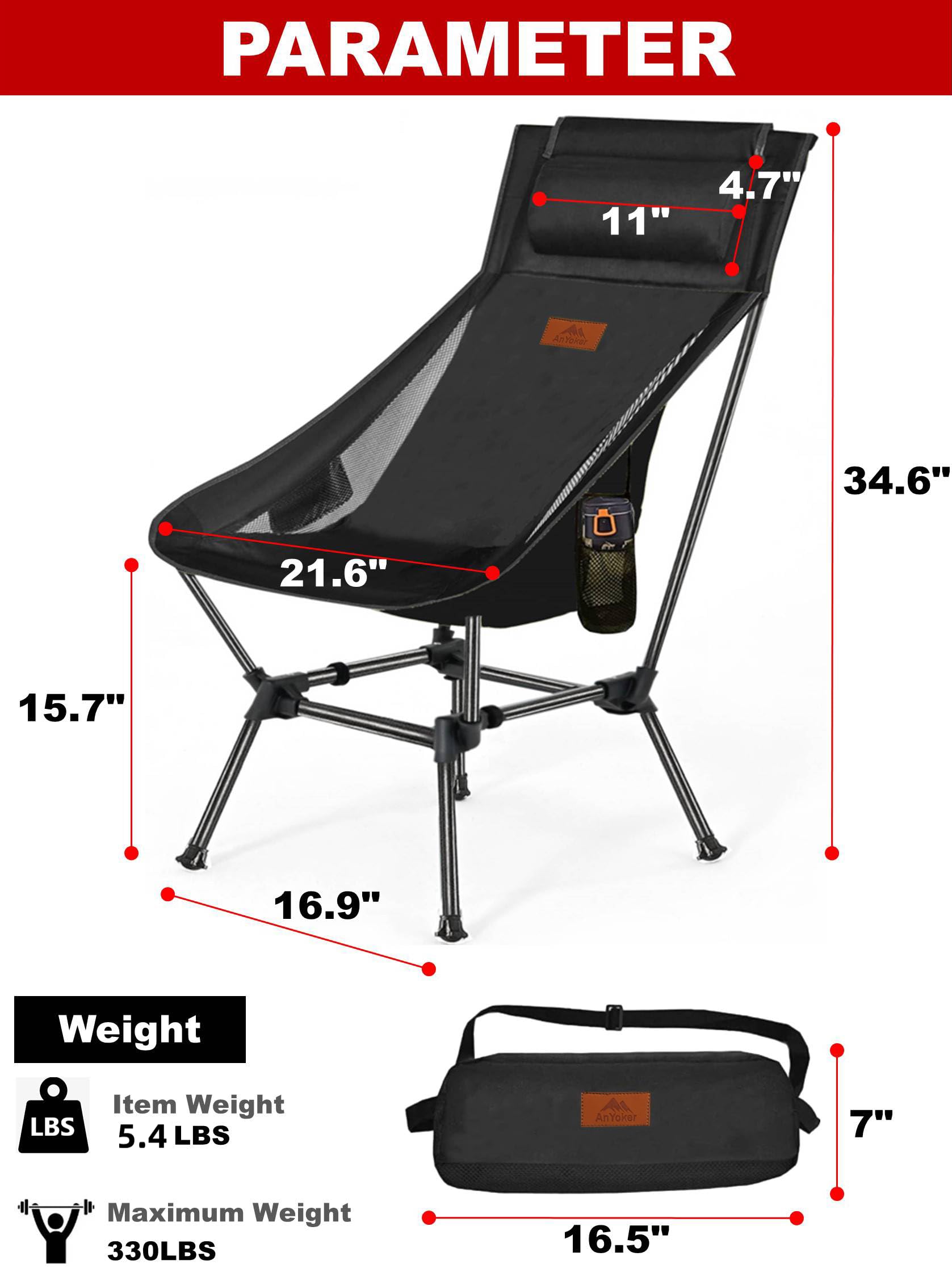 Portable Folding Camping Chair with Side Pocket & Headrest - Lightweight Compact 2-Way Backpacking Chair for Outdoor, Beach, Hiking, Picnics and Travel (Black) - Perfect for Camping Trips, Beach Relaxation and Outdoor Adventures