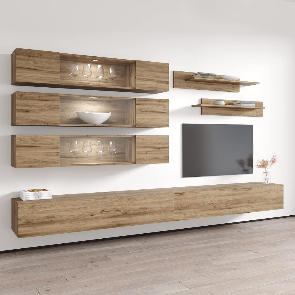 Modern Floating TV Stand with Storage & LED Lights - Wall-Mounted Entertainment Center for Bedroom & Living Room - Oak Wood TV Console with Shelves | Perfect for Small Spaces & Home Theater Setup