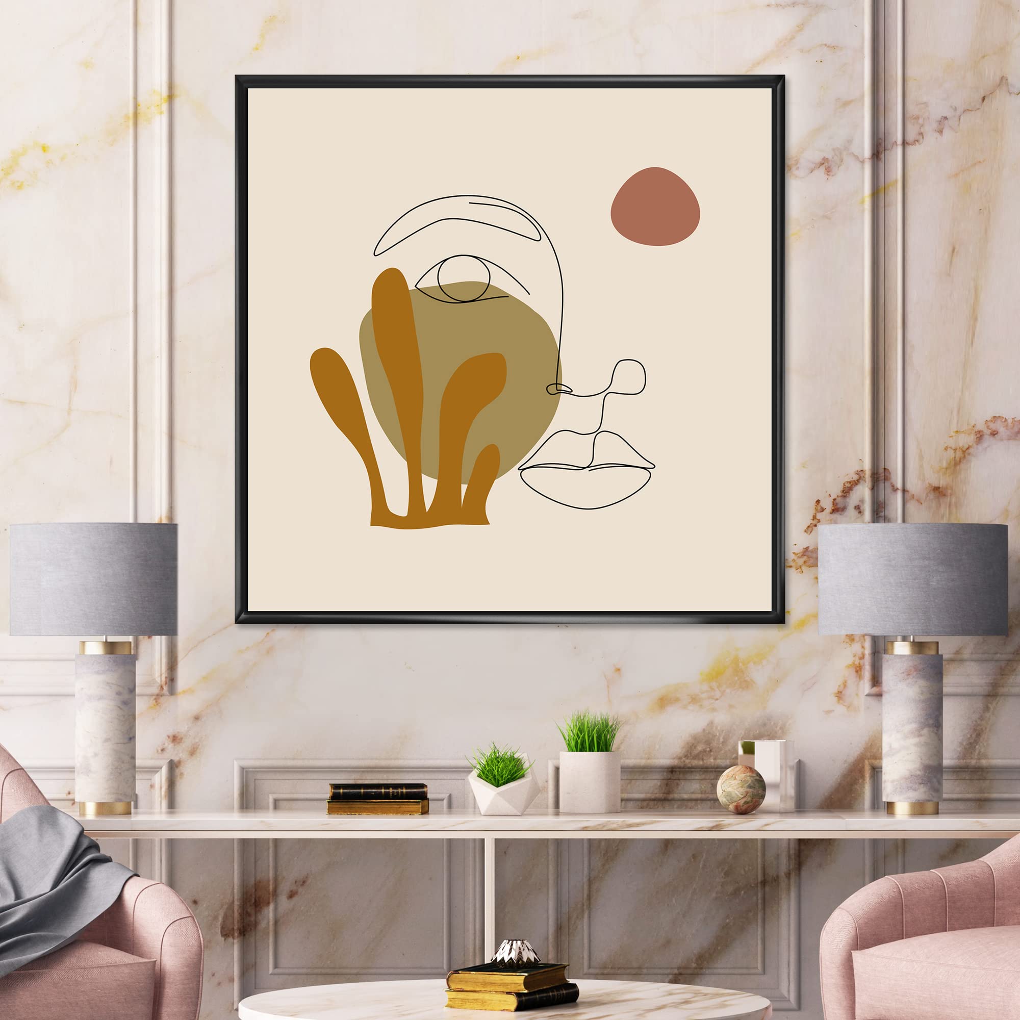 One Line Art Portrait of Woman in Terracotta Tones - Modern Framed Canvas Wall Art Print - Perfect for Living Room, Bedroom & Office Decor