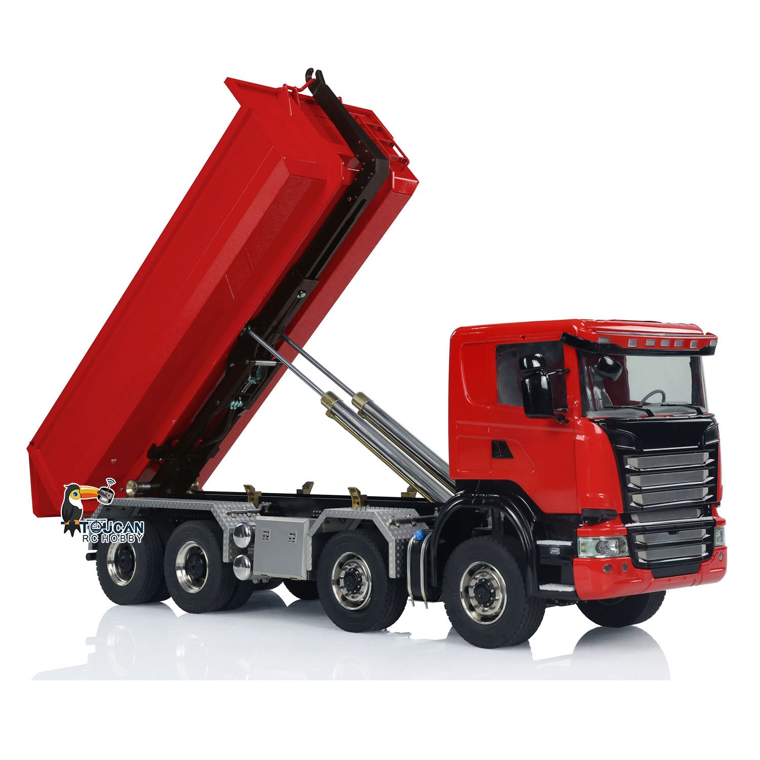 1/14 Scale 8x8 RC Hydraulic Dump Truck - Radio Controlled Roll Off Dumper with U-Shaped High Bucket & Timber Flatbed | Construction Site, Farm & Off-Road Play for Adults & Kids