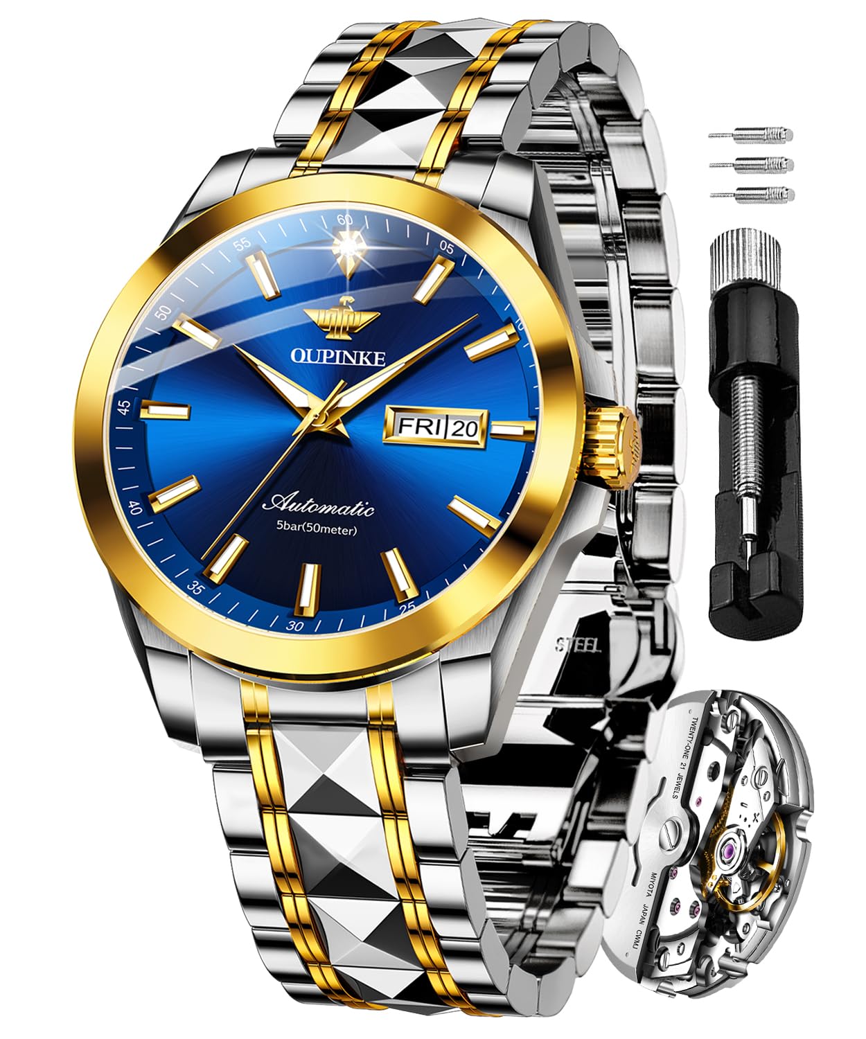 OUPINKE Men's Automatic Luxury Watch with Real Diamonds - Self-Winding Mechanical Gold Dress Watch - Waterproof Wristwatch for Business, Formal Events & Gifts