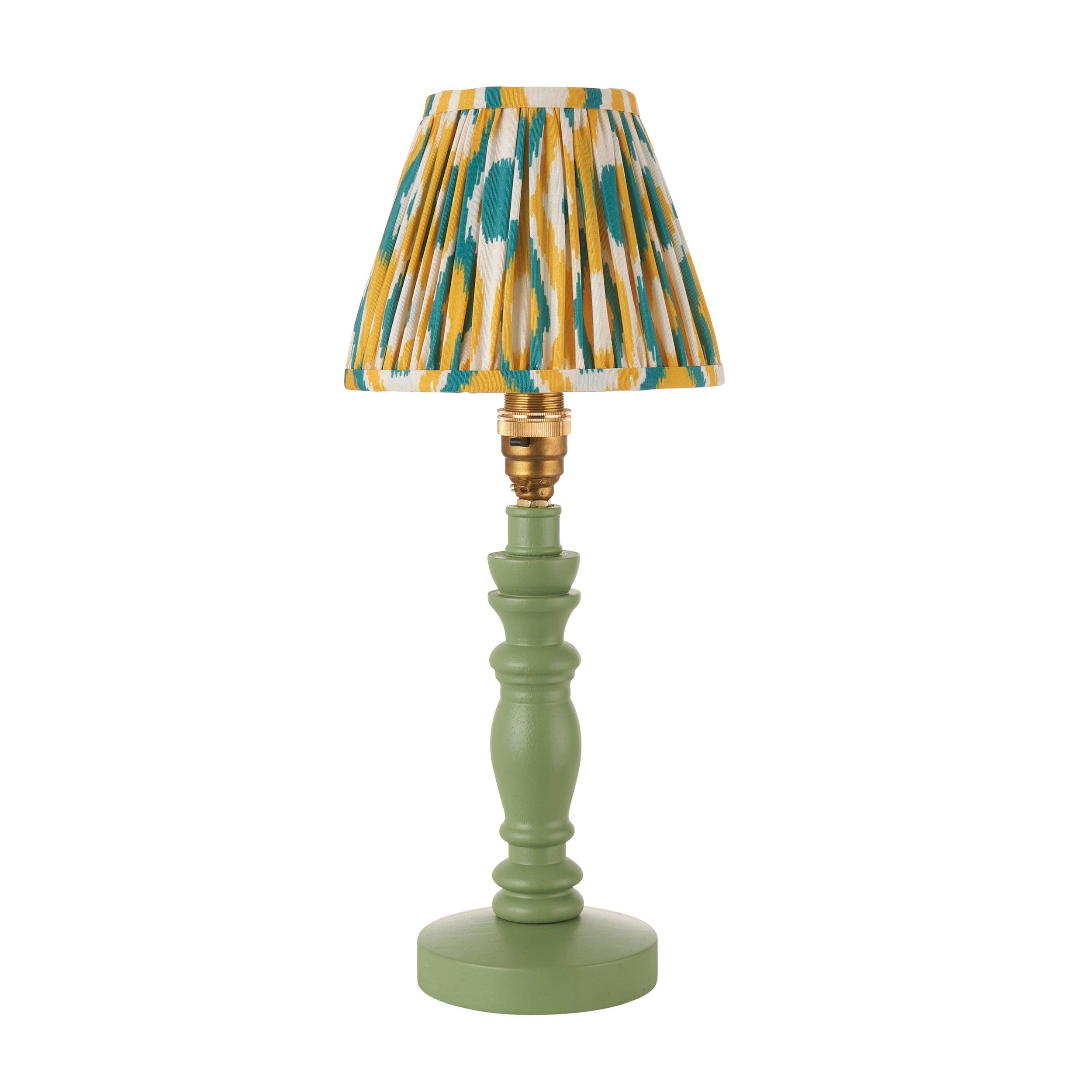 Bibury Green Table Lamp with Ikat 16cm Yellow & Jade Shade - Modern Home Decor for Living Room, Bedroom & Office Lighting