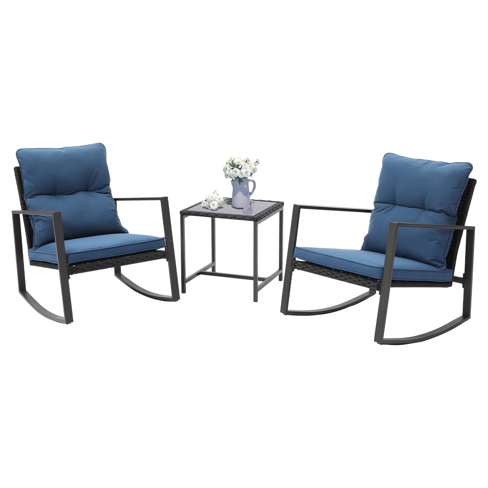 **SUNBURY 3-Piece Wicker Rocking Bistro Set - Outdoor Patio Furniture with Glass Coffee Table & Thickened Blue Cushions - Modern Rattan Porch Chairs for Relaxing & Entertaining**    *(Perfect for backyard lounging, garden gatherings, or enjoying morning coffee on the porch!)*