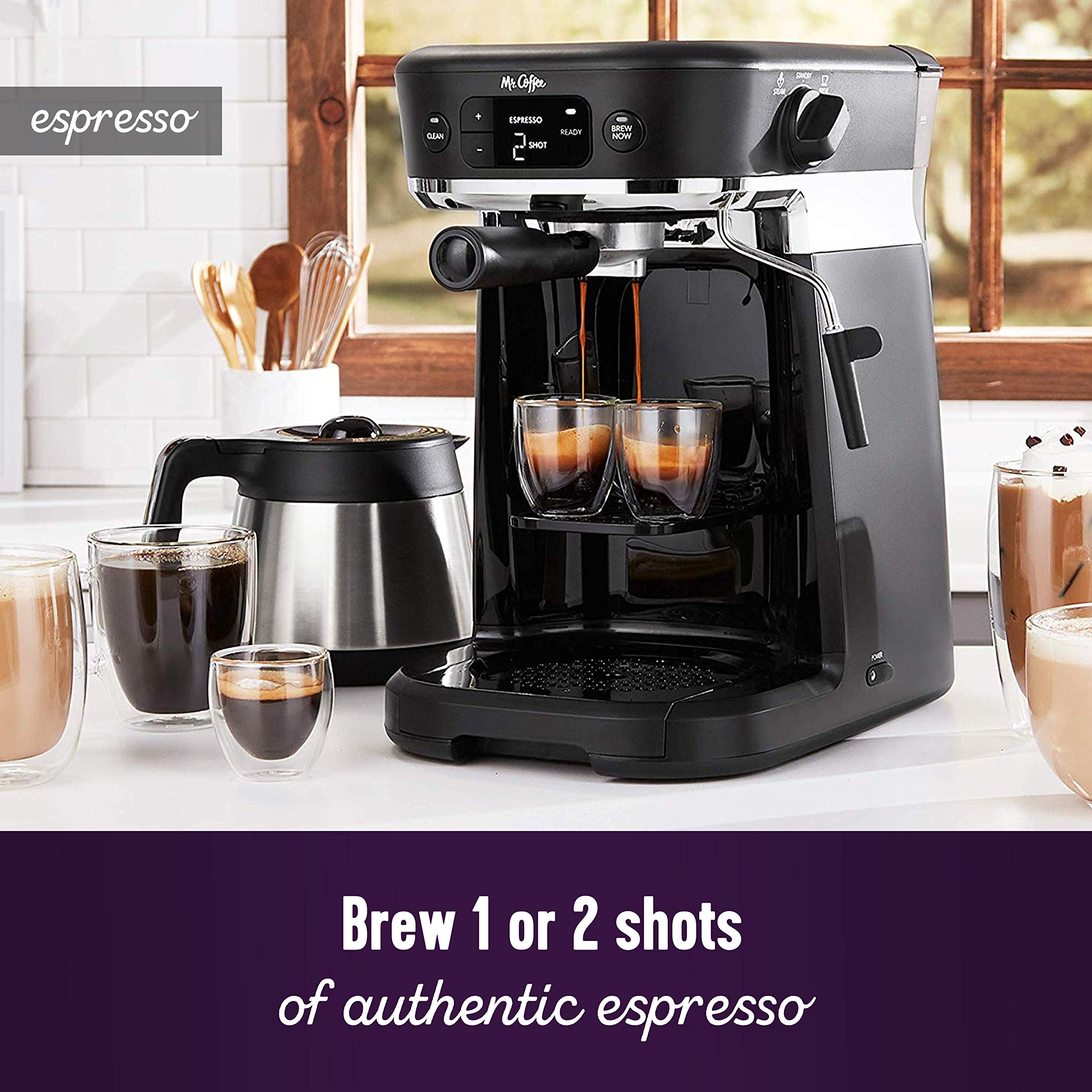 Mr. Coffee All-in-One Coffee Maker with 10-Cup Thermal Carafe, Espresso & Milk Frother, Includes Storage Tray - Perfect for Home, Office & Entertaining (Black)