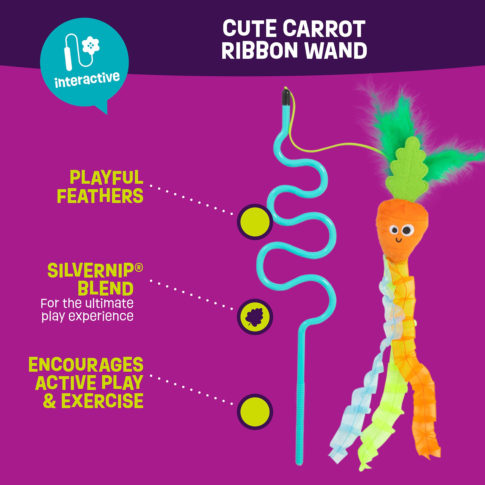 Mad Cat Cute Carrot Ribbon Wand - Interactive Cat Toy for Play & Exercise - Perfect for Indoor Kittens & Playful Cats