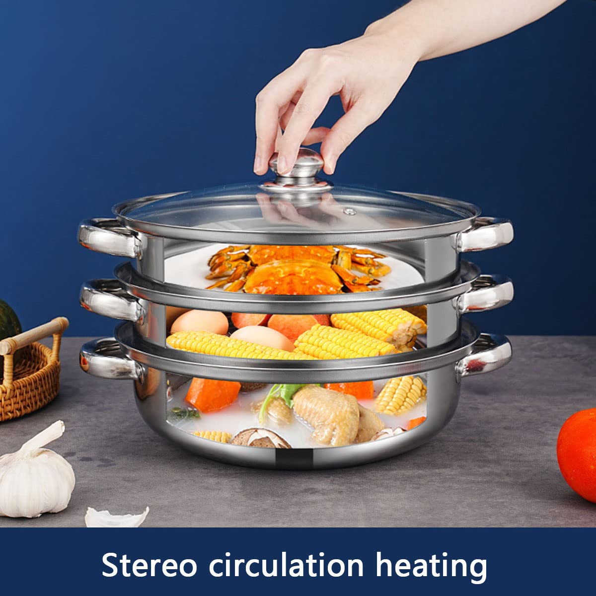 11 Inch 3-Tier Stainless Steel Steamer Pot with Handle - Multipurpose Cookware for Vegetables, Dumplings & Seafood | Perfect for Healthy Cooking, Meal Prep & Asian Cuisine
