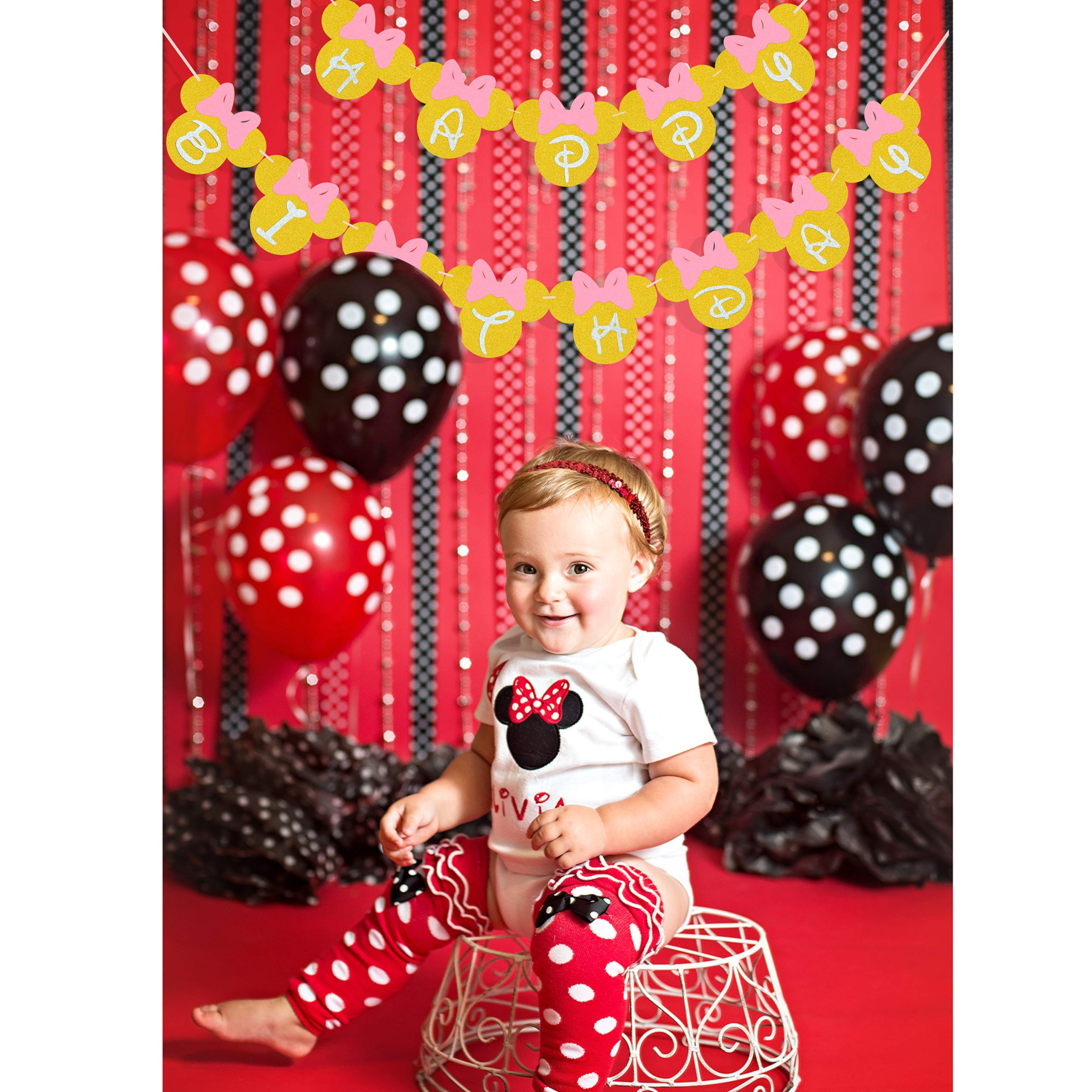 Pink and Gold Glitter Happy Birthday Banner - Minnie Mouse Themed Party Decorations for Girls Birthday Celebration | Perfect for Birthday Parties, Baby Showers & Special Events