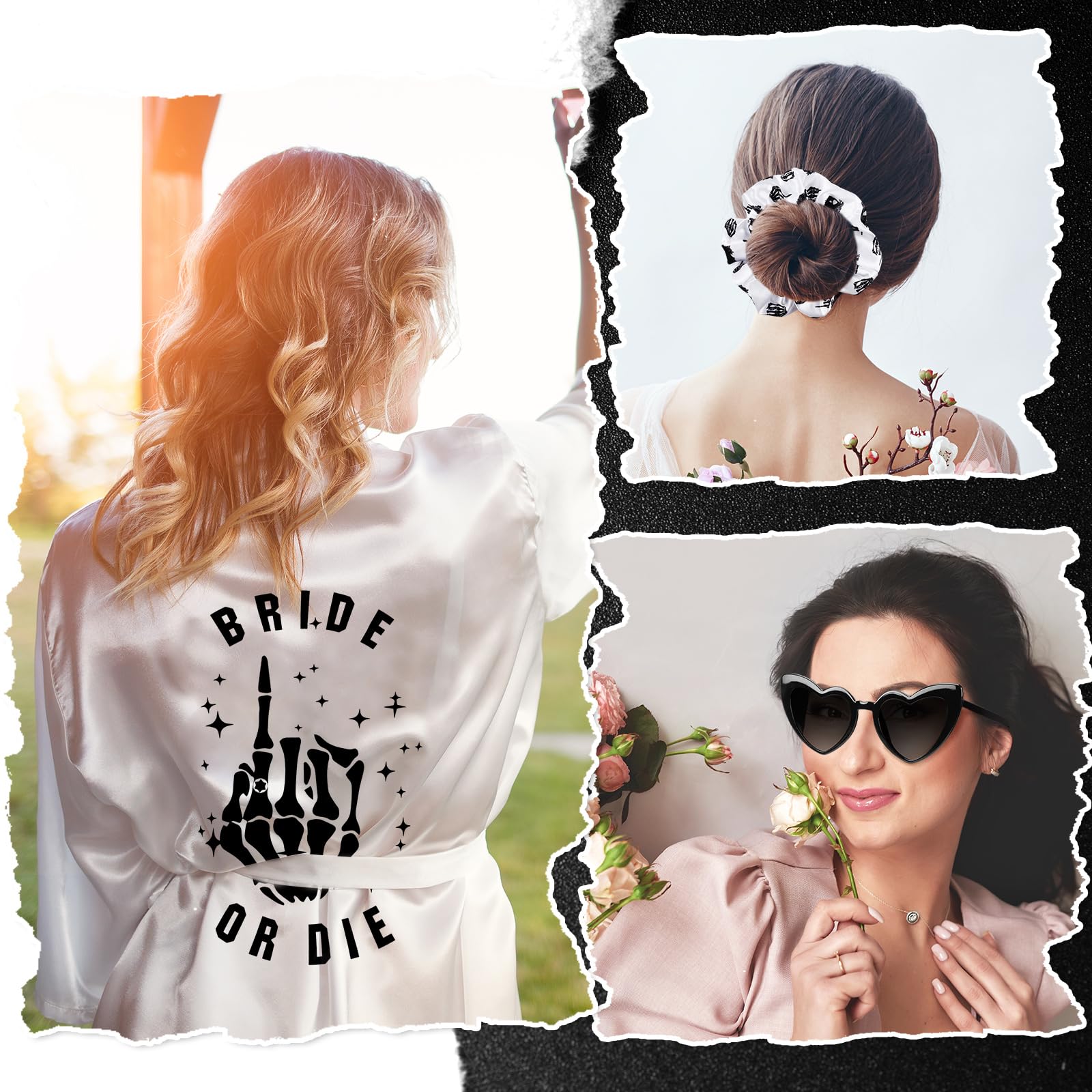 Domensi 24-Piece Bride or Die Bachelorette Party Decorations Set - Gothic Bridesmaid Robes, Skull Print Black & White Bridal Shower Gifts for Wedding Party, Halloween & Themed Celebrations
