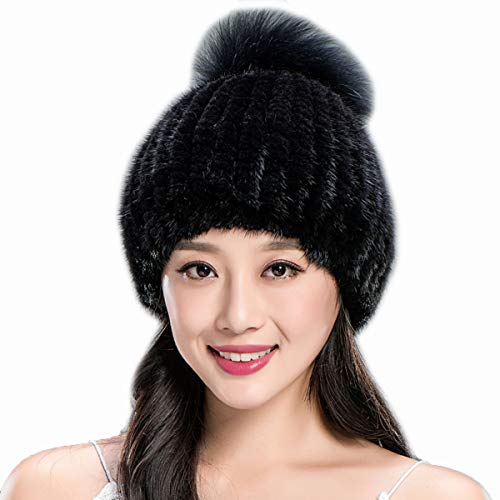 Luxury Real Mink Fur Hat with Fox Fur Pompom - Winter Warm Women's Ski Cap for Outdoor Activities | High Elasticity Cold Weather Beanie for Snowboarding, Skiing & Fashion