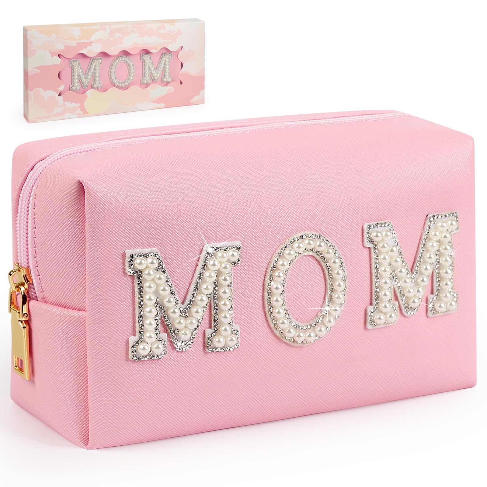 Stylish Preppy Makeup Bag for Women - Cute Mama Cosmetic Pouch with 'Mom' Lettering - Perfect for Momlife, Hospital Essentials, Shopping & Beach Travel - Great Gift for Mothers