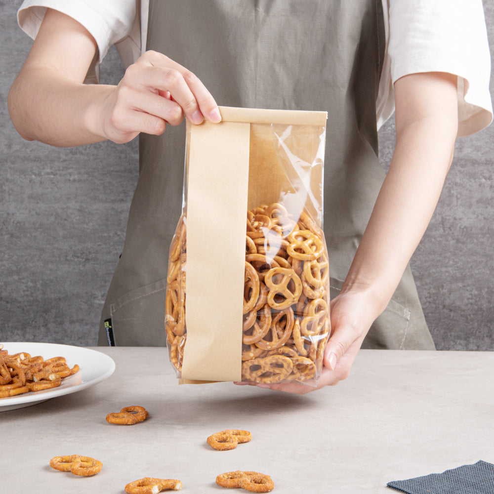 Premium Kraft Paper Bakery Bags with Window & Tin Tie Closure - 4.75