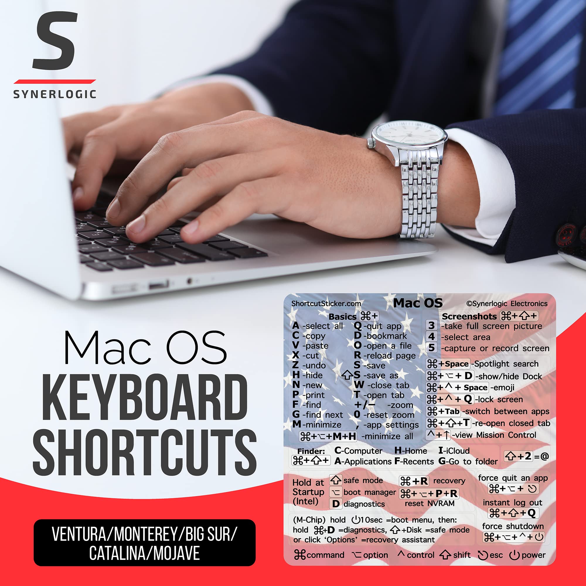 Synerlogic (5pcs) Mac OS Shortcut Keyboard Stickers - No-Residue Clear Vinyl Decals for MacBook Air & Pro 13-16 inch - US Flag Design | Perfect for Coding, Design & Office Work to Boost Productivity